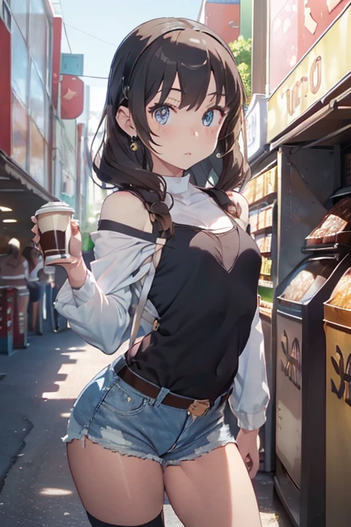 (masterpiece, Best Quality, ultra-detailed, high resolution, extremely detailed CG, official art, Professional Lighting, Perfect Anatomy, anime colors), (from below), looking at viewer, cowboy shot, perfect body, a 24yo beautiful girl, sidelocks, hairband, earrings,medium hips, glamorous body,a small face,beautiful-makeup,Makeup light,dark brown hair, Amazing Cleavage, thin waist, cute ass, Raised sexy, small breast: 1.2 posed cleavage:1.2, (off shoulders,Denimbra,legginullnude), micro denim shorts, bare legs, nail_polish, pale skin, Waiting friend, (morning:1.5), tokyo, (convenience store:1.3), outdoor, (depth of field:1.3), contrapposto, (Hold a coffee in your hand:1.3),delicate beautiful face, Bright blue eyes, cute eyes, sparkling eyes, Big eyes, (perky chest:1.1), (pointed chest:1.3), looking at viewer,
