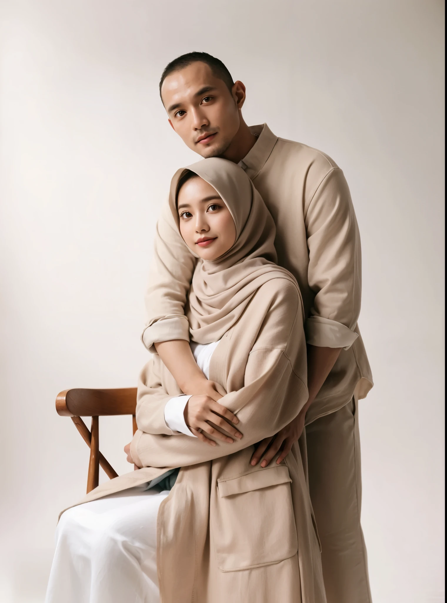 Indoor portrait, Indonesian couple, a man age 40 very short cuthair, a 40 women with hiijab, hug pose, both wearing casual crem outfits, a man is standing and woman siting on tall wood chair, backround white studio photo, minimalist decoration, fresh color, 8k resolution