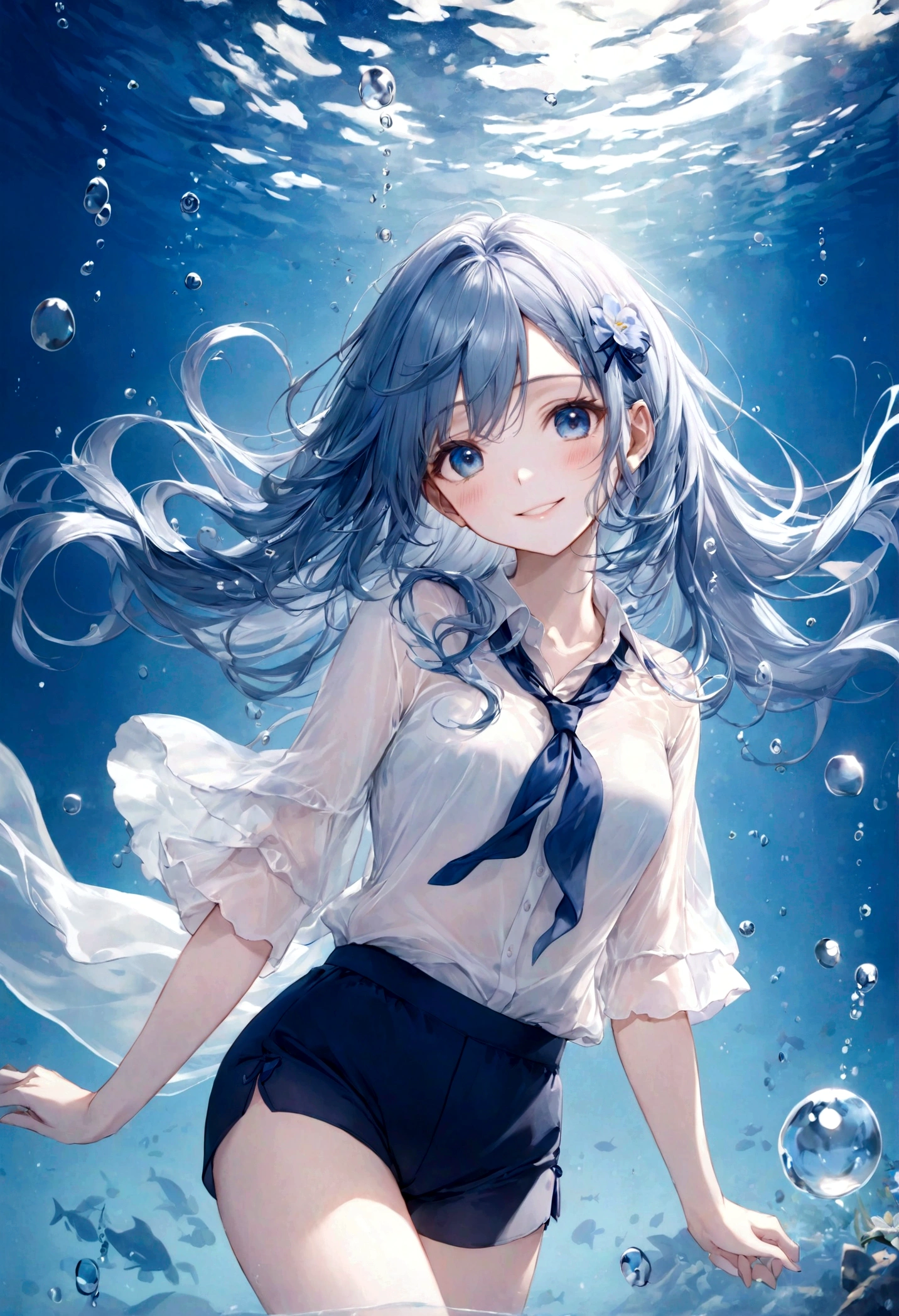 ((top-quality)), ((​masterpiece)), ((ultra-detailliert)), (extremely delicate and beautiful), bright sky blue hair, watery hair, bright sapphire eyes, fair skin, beautiful woman, sheer white shirt, sheer silky navy shorts, navy blue ribbon ties, underwater world, cold background, air bubbles, water bubbles, underwater, sweet smile, relaxed expression, delicate wavy long hair, blue and white flowers in the water