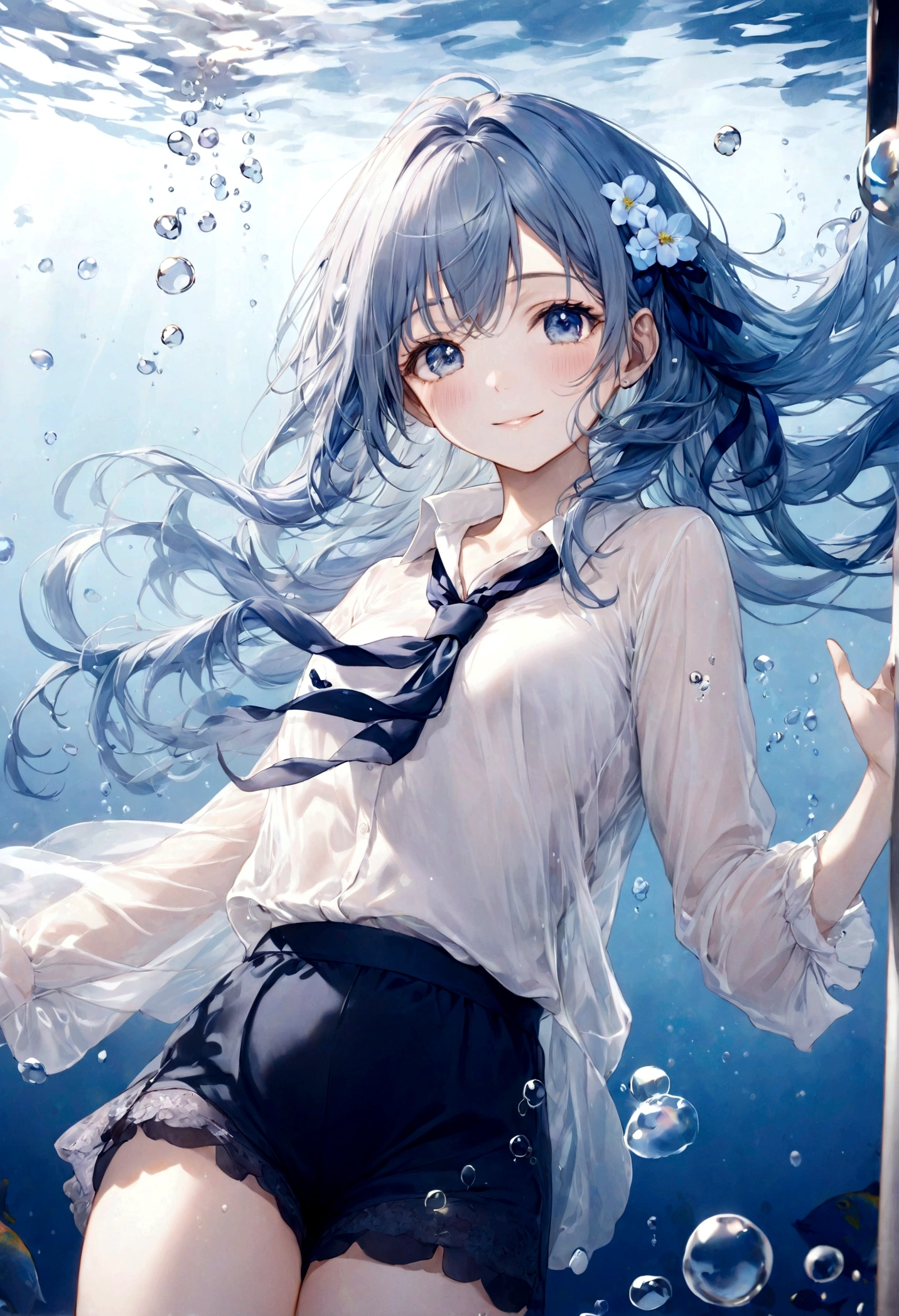 ((top-quality)), ((masterpiece)), ((ultra-detailliert)), (extremely delicate and beautiful), bright sky blue hair, watery hair, bright sapphire eyes, fair skin, beautiful woman, sheer white shirt, sheer silky navy shorts, navy blue ribbon ties, underwater world, cold background, air bubbles, water bubbles, underwater, sweet smile, relaxed expression, delicate wavy long hair, blue and white flowers in the water