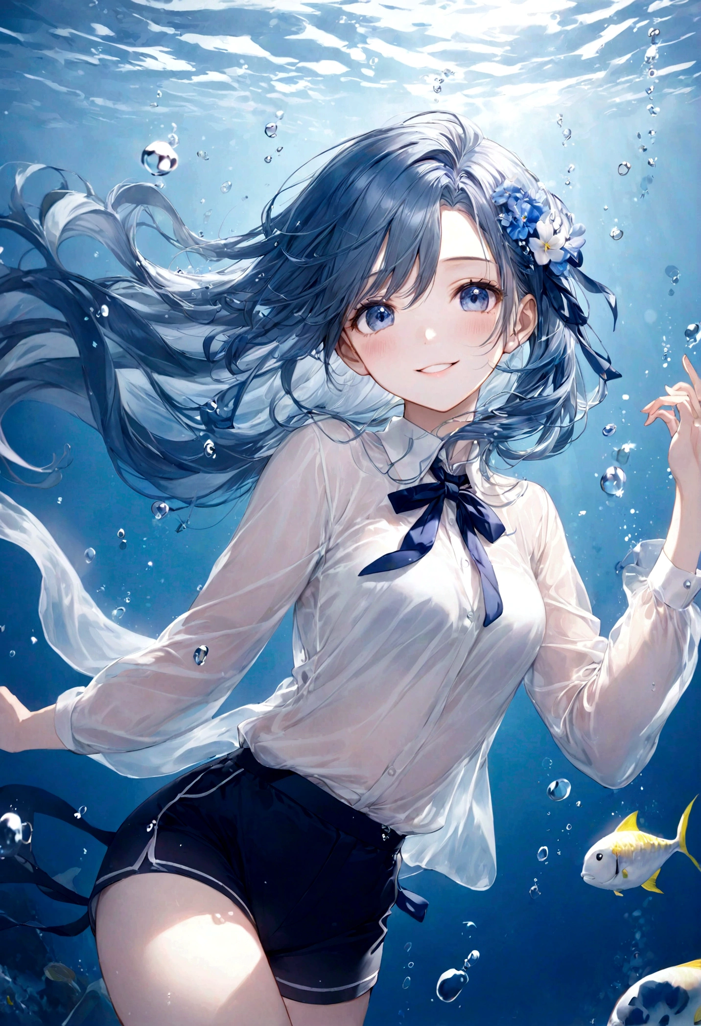 ((top-quality)), ((masterpiece)), ((ultra-detailliert)), (extremely delicate and beautiful), bright sky blue hair, watery hair, bright sapphire eyes, fair skin, beautiful woman, sheer white shirt, sheer silky navy shorts, navy blue ribbon ties, underwater world, cold background, air bubbles, water bubbles, underwater, sweet smile, relaxed expression, delicate wavy long hair, blue and white flowers in the water