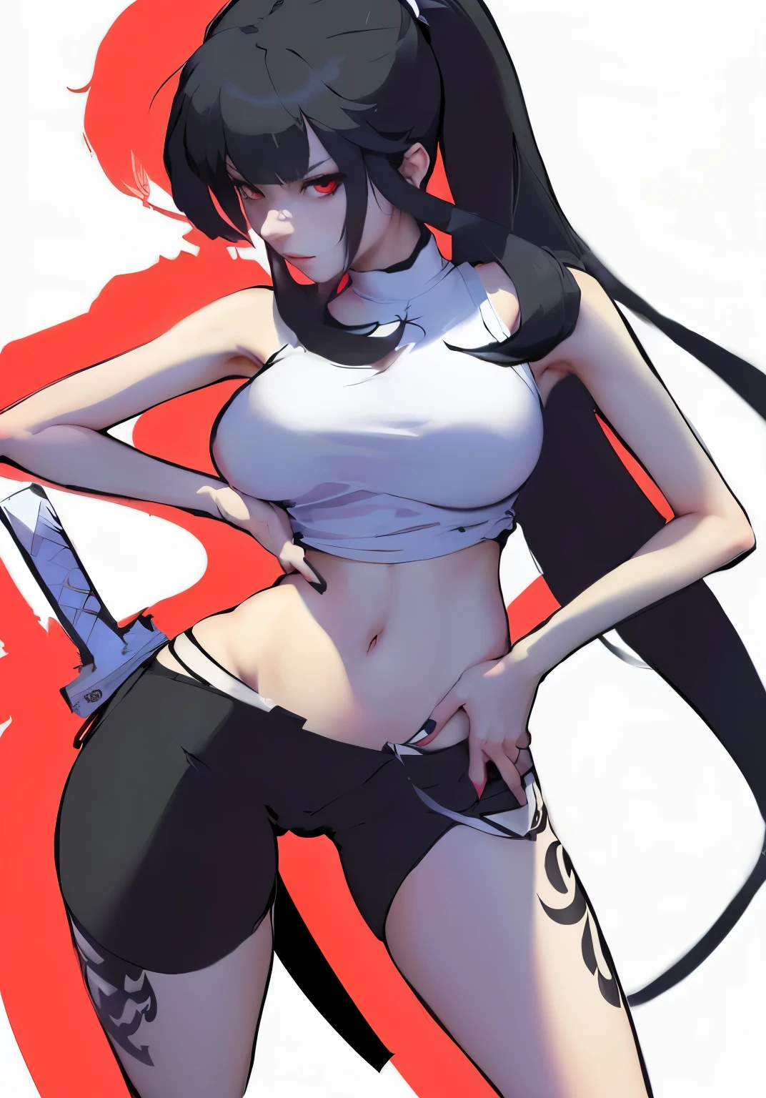 Cartoon picture of woman with long hair and white shirt, Badass Pose, gapmoe Yandere, 迷人的Makai Ryuko, Makai Ryuko, Tifa, Thick outlines, She holds a samurai sword, Thick outline, Cartoon shading art style, Yandere. High, Meono City, By New Art, author：Golden Flame