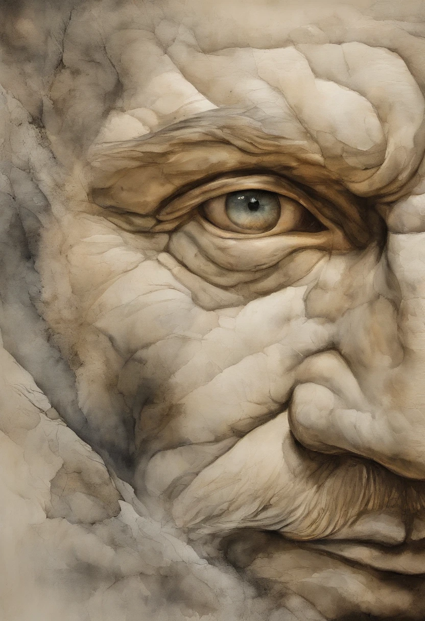 A magnified view of a man's face with angel wings , capturado em cores , his eyes looking directly at the viewer with an intense expression, his features etched with a sense of mystery and allure, cercado por tufos de neblina, adding an ethereal touch, Escultura, Carved in marble
