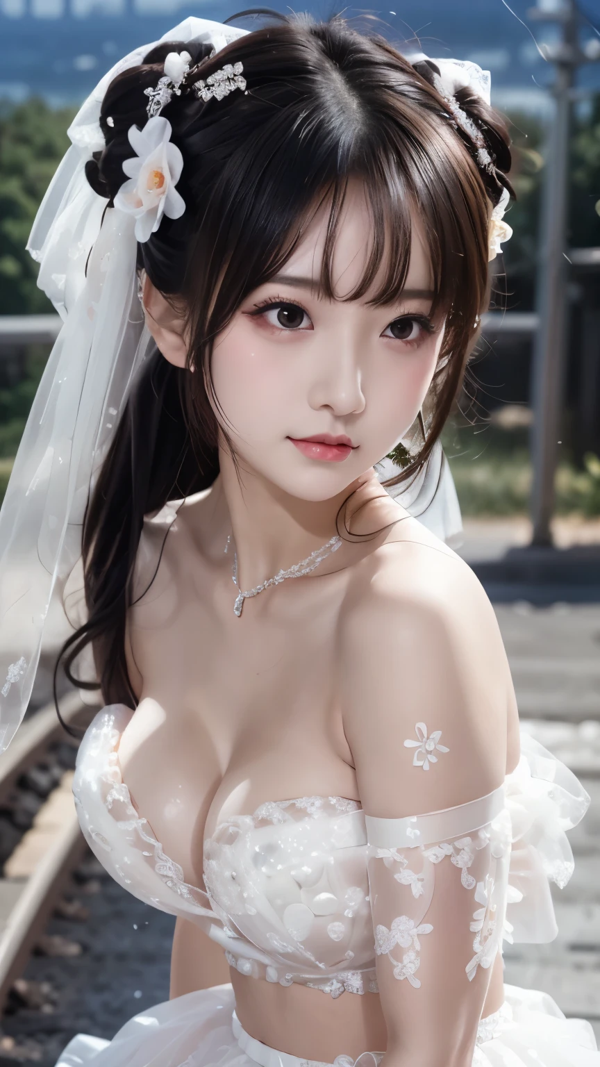 (((Pixel Perfect, Perfect details))), Solitary, 1 girl,bride, chunmomo, Keep your mouth shut,pink glossy lips,穿著bride禮服的特写,Gulwitz, (((bride頭紗))),(Transparent short veil),blush,Eyeshadow,Blushing face,Head flower,headgear,((Bouquet)),((((tube top wedding dress)))),(((Strapless Wedding Dress))),(Bare shoulders),Pure white dress,(((necklace))),((earrings)),(large breasts:1.3),Bangs,Lipstick,((White long elbow gloves)),Half-length photo,High Detail RAW Color Art,White long skirt,There is a railway track next to it,(standing on the railroad tracks:1.3),18 years old, (Long twin tails:1.5),(Double bun:1.5), Black Hair,night,Rainy Day
