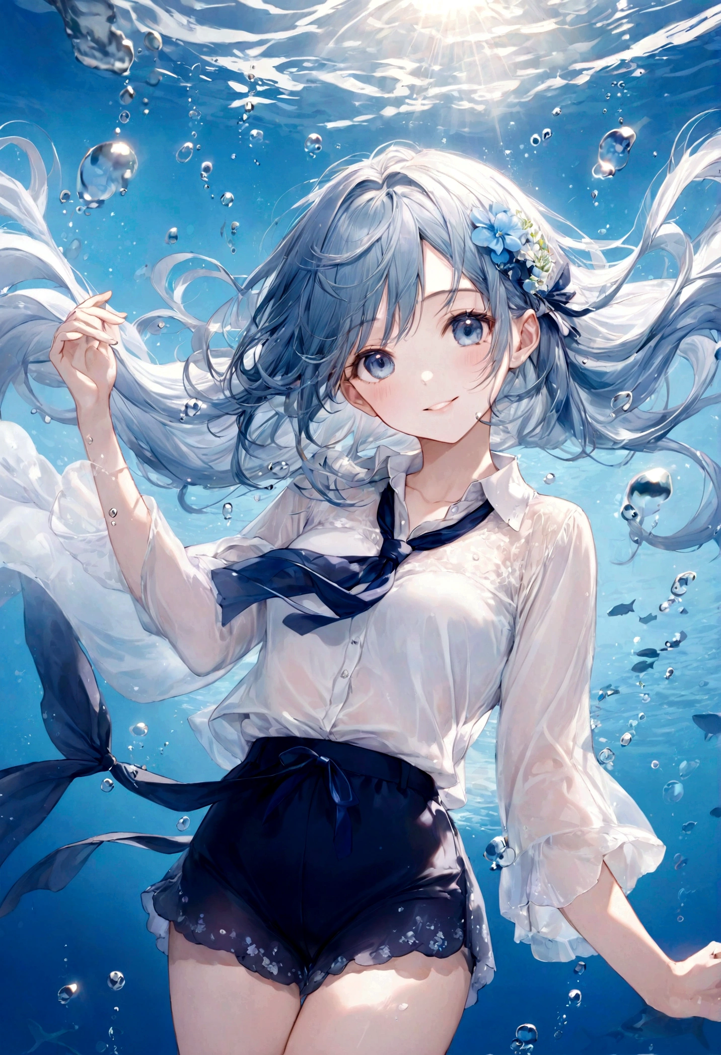 ((top-quality)), ((masterpiece)), ((ultra-detailliert)), (extremely delicate and beautiful), bright sky blue hair, watery hair, bright sapphire eyes, fair skin, beautiful woman, sheer white shirt, sheer silky navy shorts, navy blue ribbon ties, pearl decorations, underwater world, cold background, air bubbles, water bubbles, underwater, sweet smile, relaxed expression, delicate wavy long hair, blue and white flowers in the water
