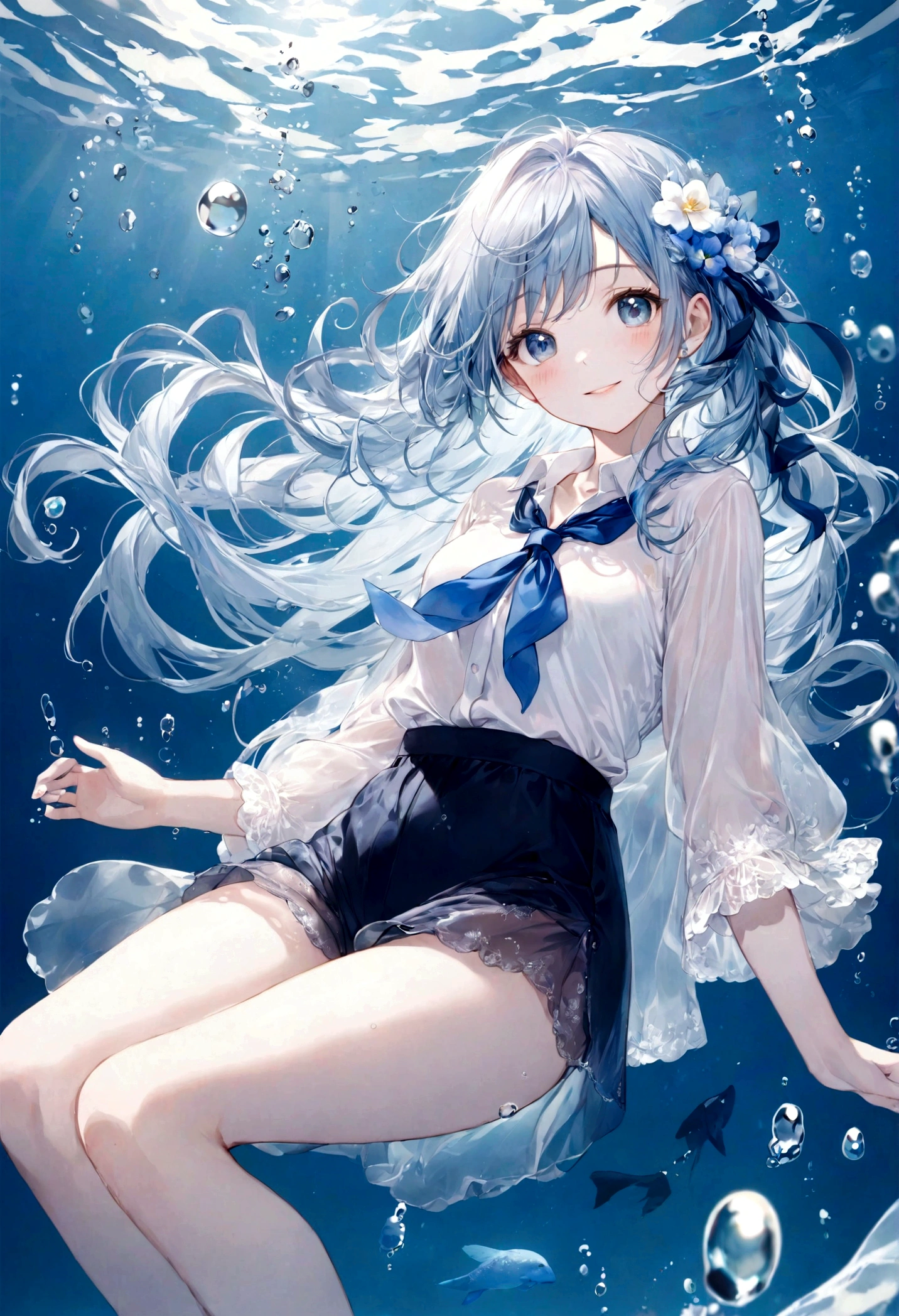 ((top-quality)), ((​masterpiece)), ((ultra-detailliert)), (extremely delicate and beautiful), bright sky blue hair, watery hair, bright sapphire eyes, fair skin, beautiful woman, sheer white shirt, sheer silky navy shorts, navy blue ribbon ties, pearl decorations, underwater world, cold background, air bubbles, water bubbles, underwater, sweet smile, relaxed expression, delicate wavy long hair, blue and white flowers in the water