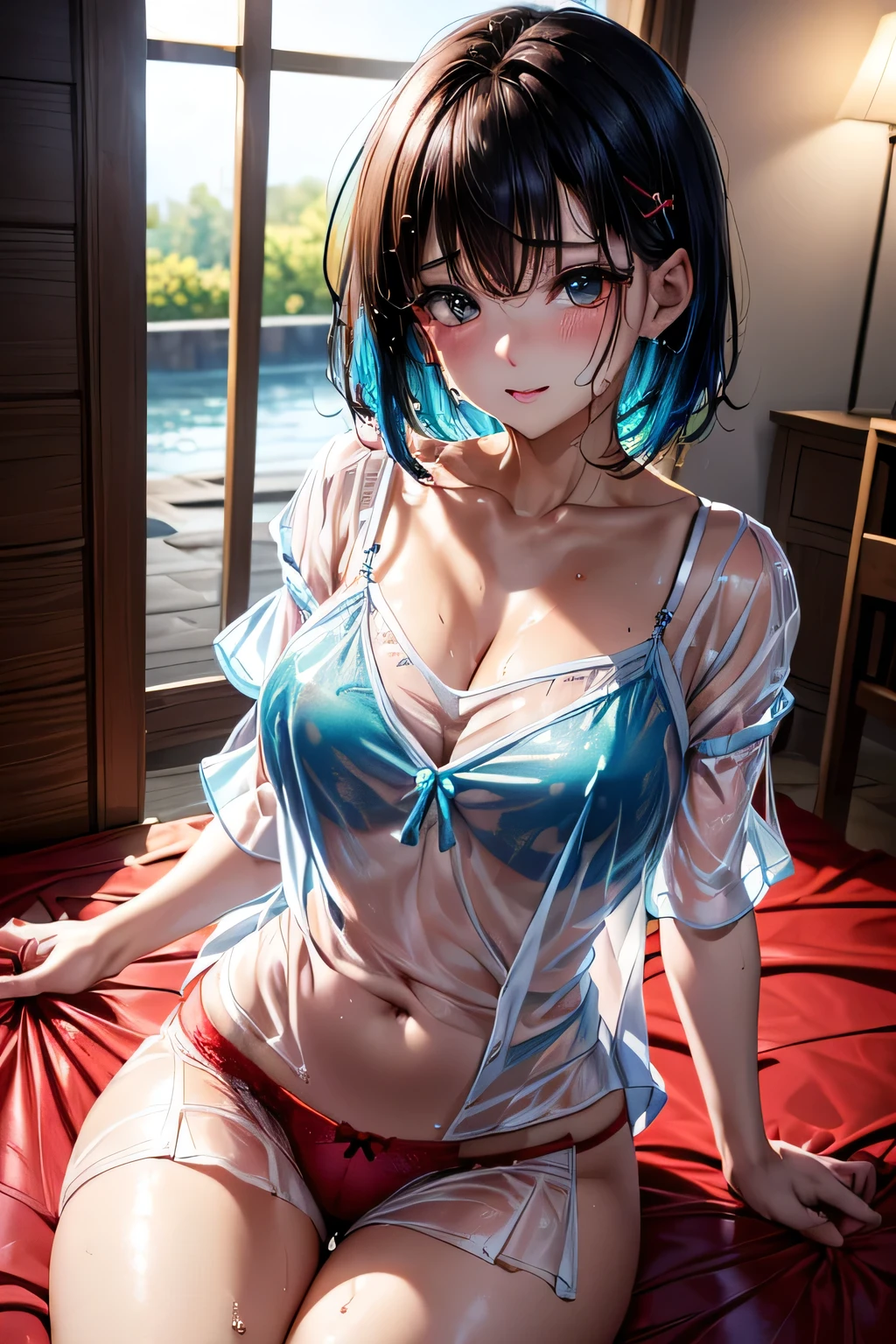 (((Bedroom))),(((Crouch on the floor:1.3))),(((clothes on hangers:1.3))),(((Wet see-through chemise:1.3))),(((Red underwear:1.3))),(((Exposing Skin))),Cute Face、Crying face,Big tears、(Aqua blue hair,short hair,),(The bangs are see-through),hairpin,hair ornaments,Blushing、Pointed red mouth、Perfect round face,iris,(Perfect body curves),Big Breasts.Wet Hair、Wet clothes、Wet Skin、Professional Lighting,Cinematic Light,(Tabletop,highest quality,Ultra-high resolution output images,) ,(8K quality,),(Picture Mode Ultra HD,)