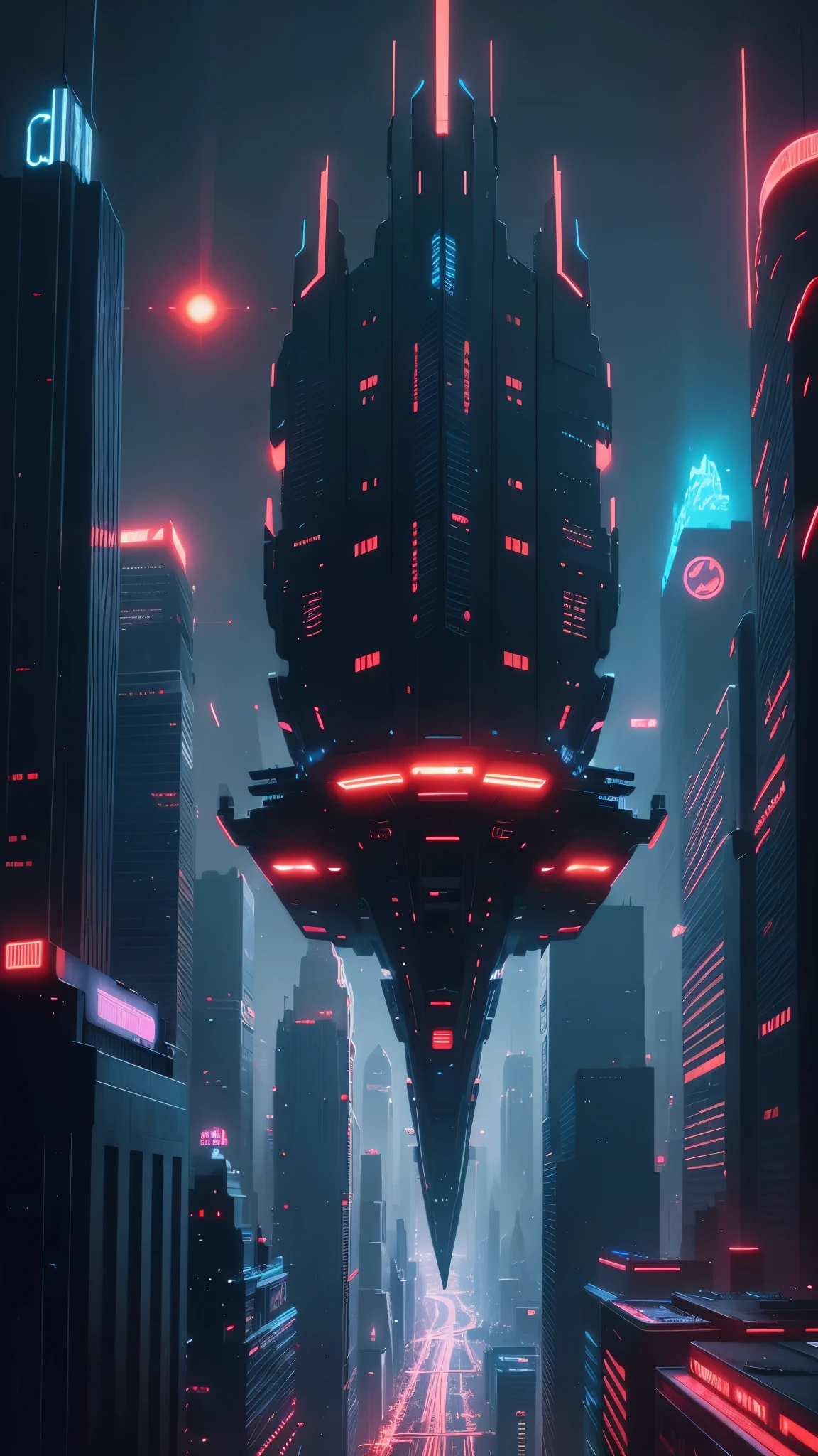 futuristic city night (cinematic look:1.4), red and blue tones neon, Flying cars, insane details, intricate details, hyperdetailed, low contrast, soft cinematic light, dim colors, exposure blend, hdr, faded, slate gray atmosphere