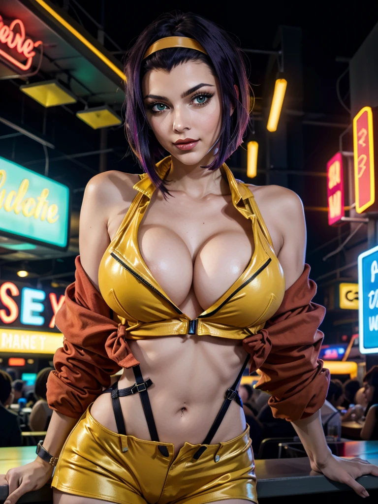 (masterpiece:1.2, best quality:1.2, beautiful, high quality, highres:1.1), detailed, extremely detailed, 4K,  1girl, solo, pose, fayevalentine, yellow hairband, red jacket, crop top, cleavage, purple hair, green eyes, seductive smile, in a neon lit bar, dynamic lighting, smoky air, cyberpunk, Golden ratio, looks at the viewer,