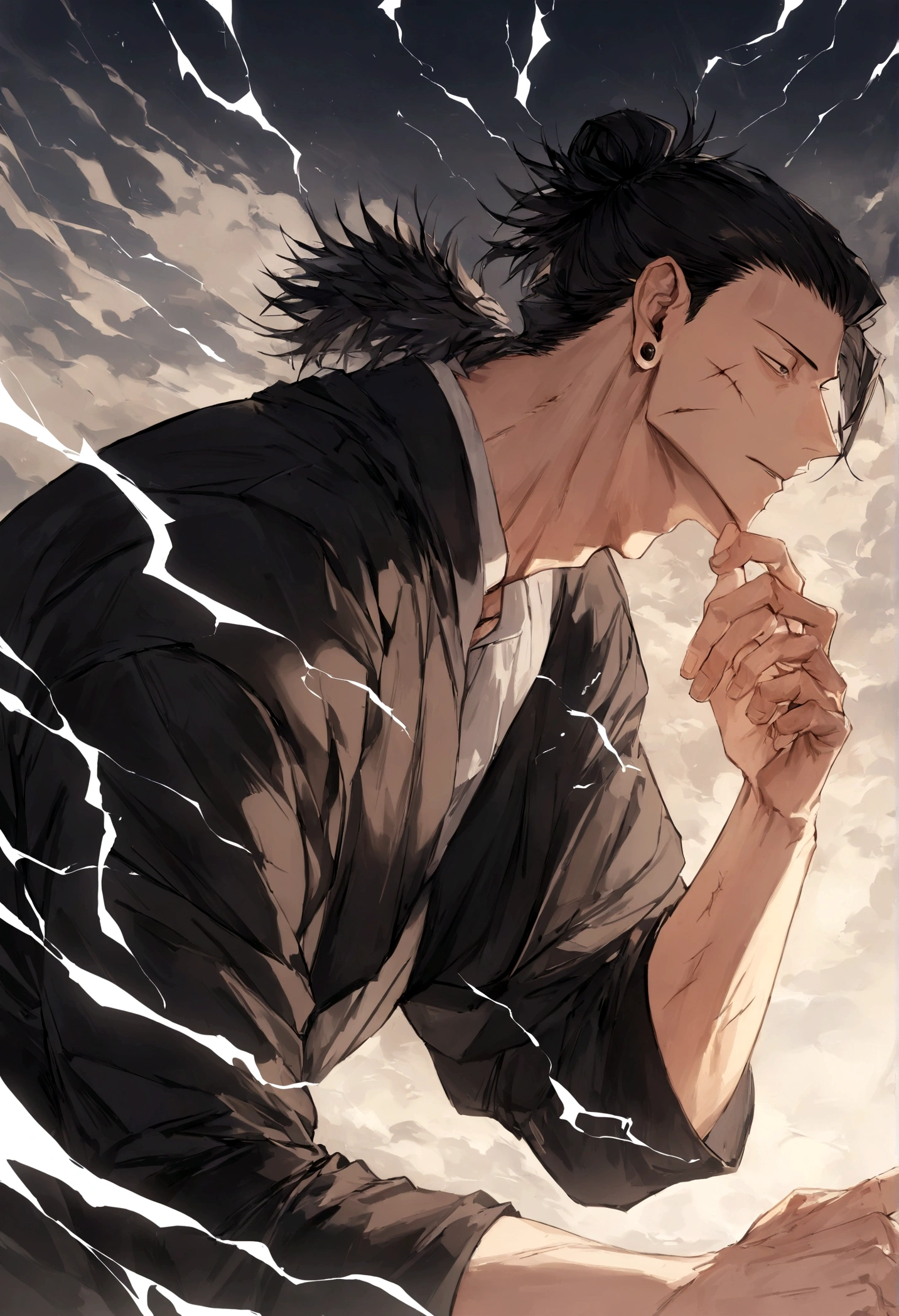 1 boy, Men's Center, Satoru gojou,Jujutsu Kaisen、Injury, electricity,, masterpiece, highest quality, so beautiful,、cool、、strongest、Perfect hands