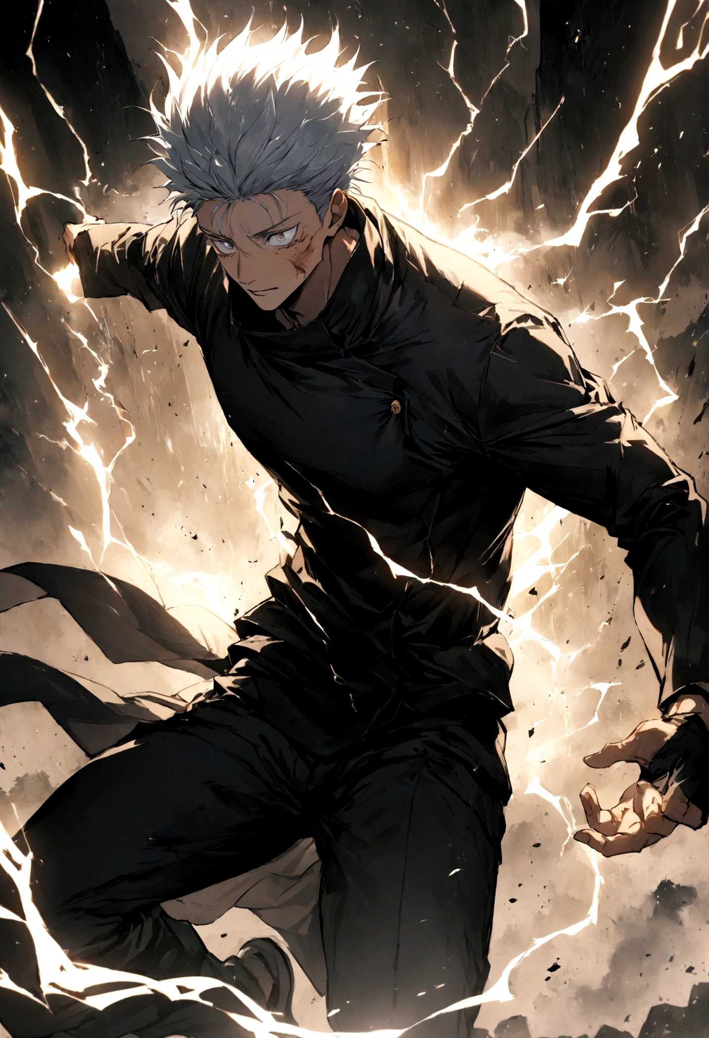 1 boy, Men's Center, Satoru gojou,Jujutsu Kaisen、Injury, electricity,, masterpiece, highest quality, so beautiful,、cool、、strongest、