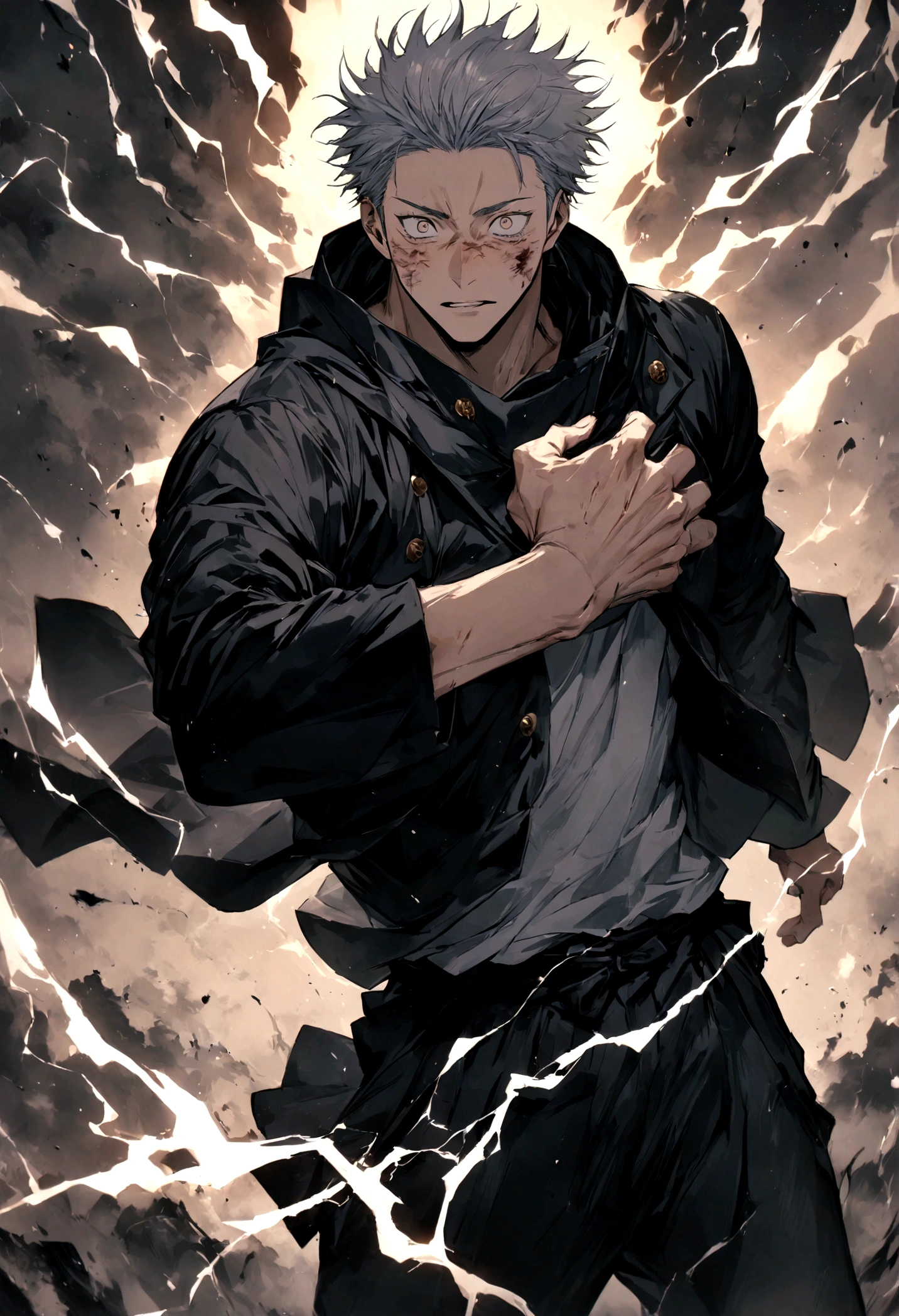 1 boy, Men's Center, Satoru gojou,Jujutsu Kaisen、Injury, electricity,, masterpiece, highest quality, so beautiful,、cool、、strongest、