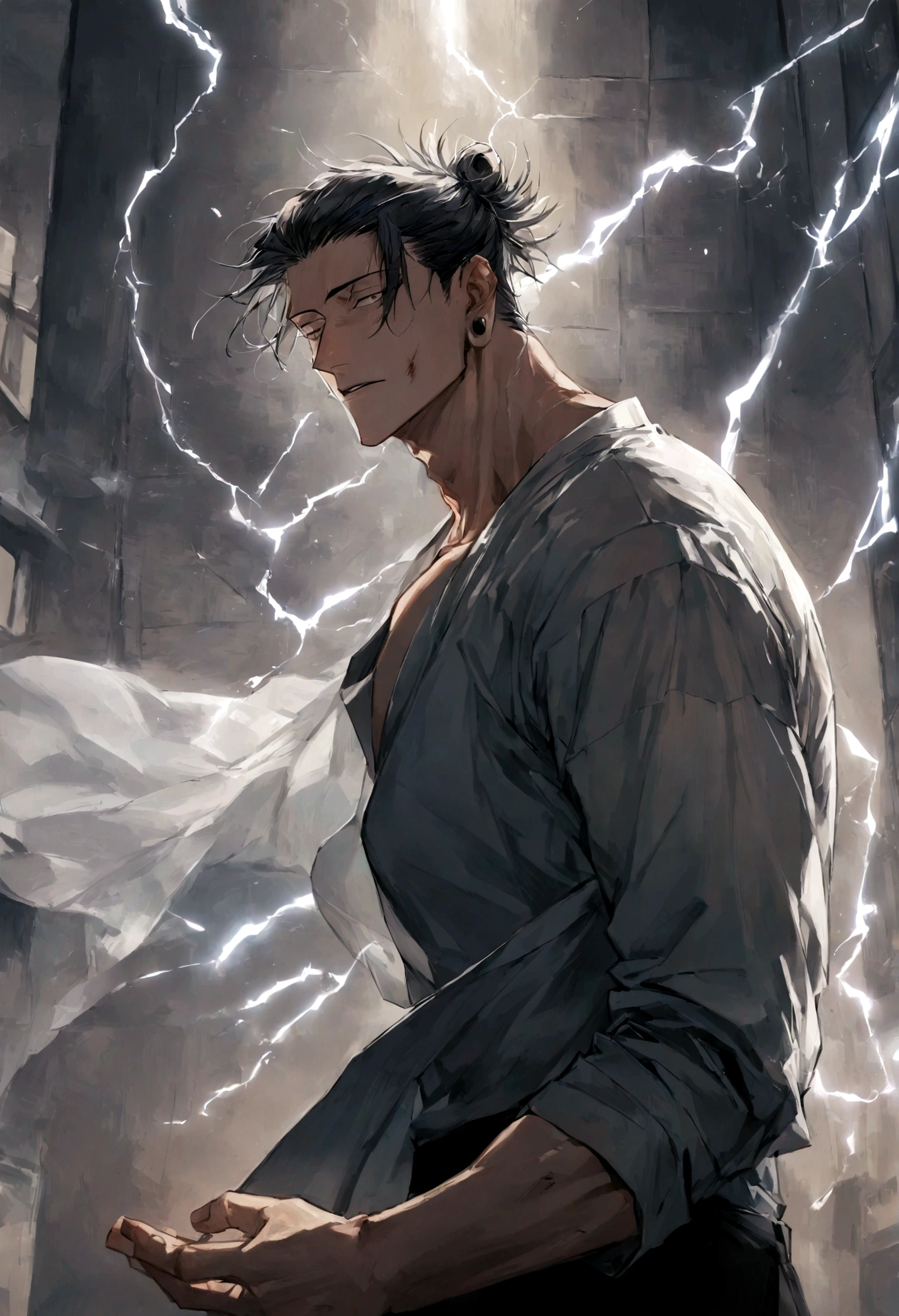 1 boy, Men's Center, Satoru gojou,Jujutsu Kaisen、Injury, electricity,, masterpiece, highest quality, so beautiful,、cool、、strongest、
