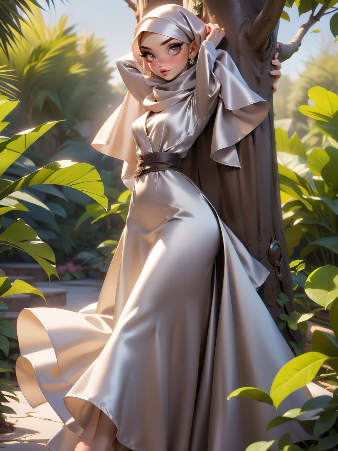 3DMM, ((Masterpiece, best quality, photography)), detailed skin, realistic, photo-realistic, 8k, highly detailed, full length frame, High detail RAW color art, diffused soft lighting, shallow depth of field, sharp focus, hyperrealism, cinematic lighting, hijab, a woman beautifully makeup, bold eyeshadow, beautiful big eyes, Brown eyes, long eye lashes, chubby, wearing ((brown satin hijab), loosely tide hijab style, ((gray satin shirt)), ((satin long dress)), dancing under tree, garden