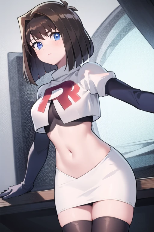 aamazaki, (antenna hair:1.2), blue eyes,medium breasts, team rocket,team rocket uniform,white skirt,red letter R,crop top,black thigh-highs,black elbow gloves,
beautiful, masterpiece, best quality, looking at viewer,