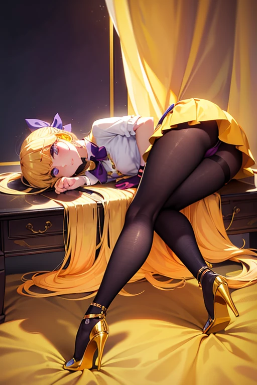 Create full body image of woman long hair, dark yellow hair, gold earrings, white shirt, blue mini skirt, red heels, purple bow on the chest, lying on the desk very detailed image, very realistic, good lighting and very colorful, view from bottom to top. With a taste of discomfort