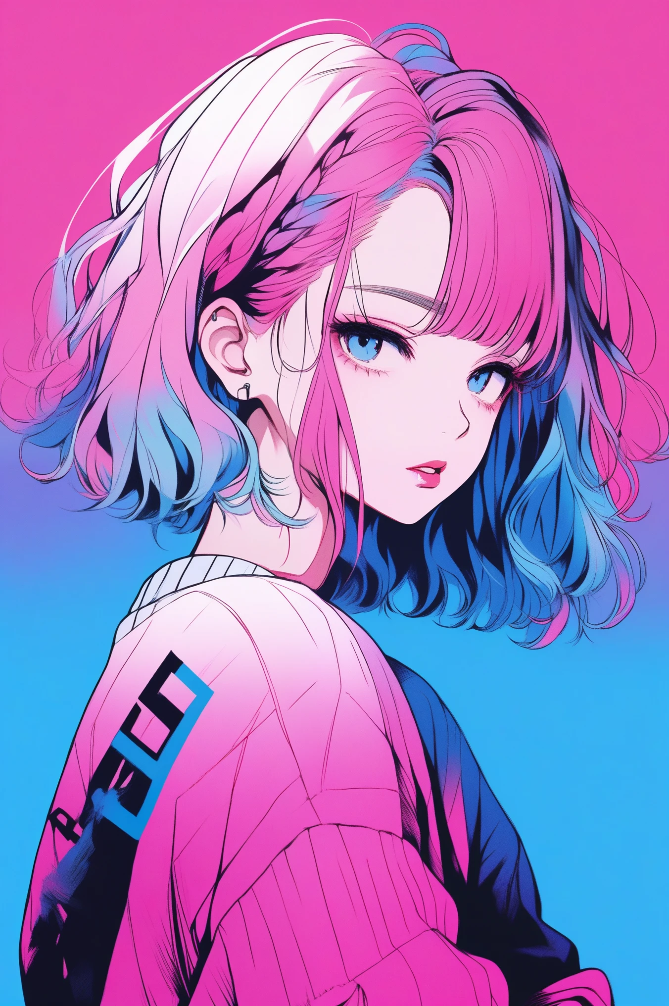 illustrator, anime , realistic ,sketch , 1 girl, ,lip,pink,sweater,order, Blue gradient background, neon hair,Textured trim, Canadian,(masterpiece,Best quality) ganyou