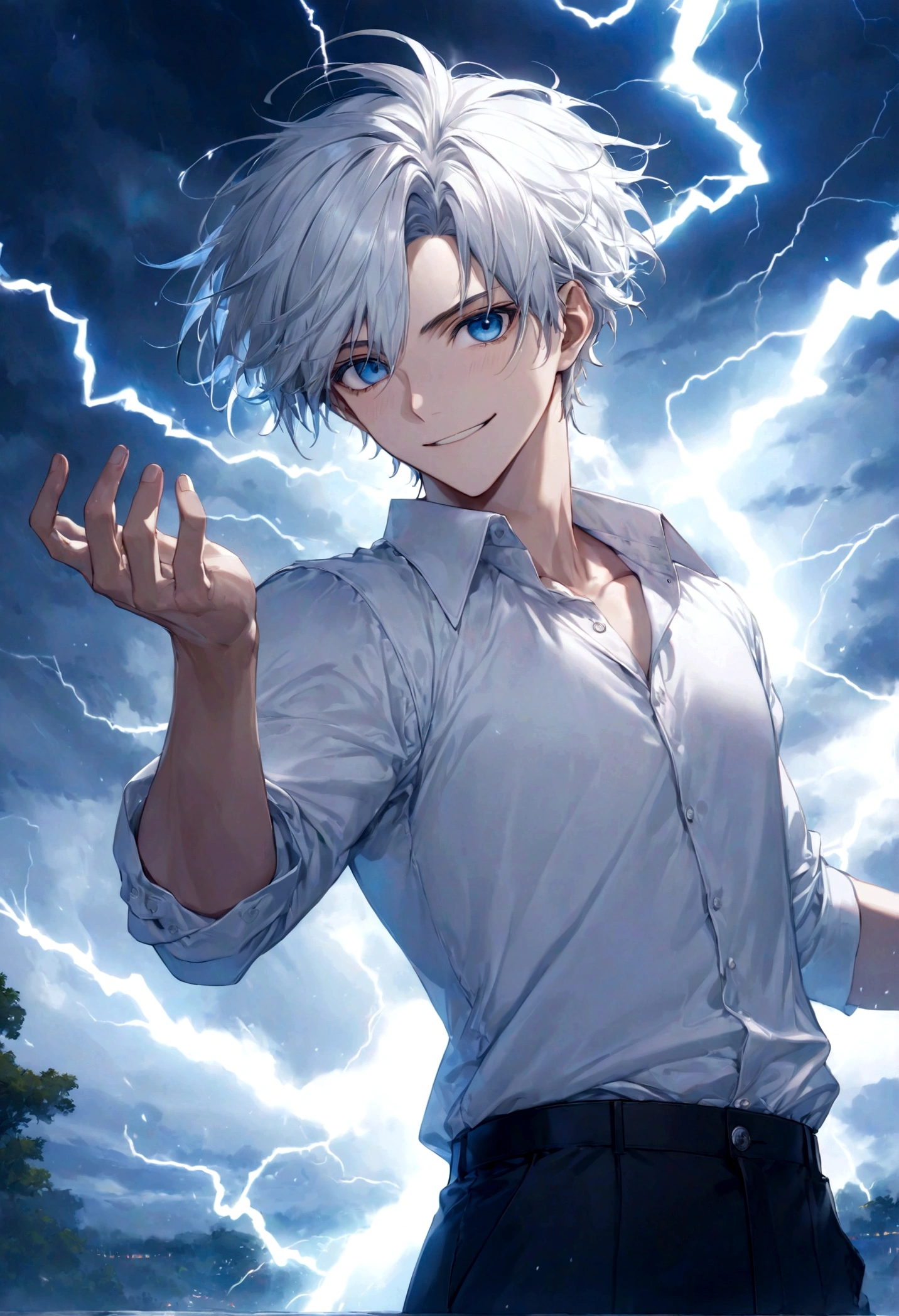 ((top-quality)), ((masterpiece)), ((ultra-detailliert)), (extremely delicate and beautiful), handsome man, lightning blue-white hair, bright blue eyes, thunderstorm background, lightning flashes in the background, crisp white shirt, dark pants, mischievous smile