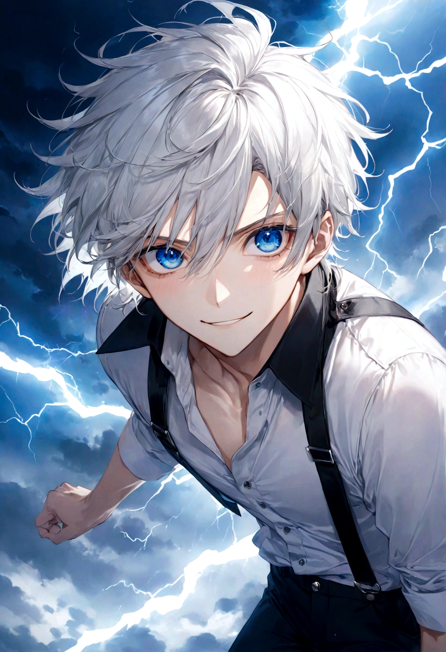 ((top-quality)), ((masterpiece)), ((ultra-detailliert)), (extremely delicate and beautiful), handsome man, lightning blue-white hair, bright blue eyes, thunderstorm background, lightning flashes in the background, crisp white shirt, dark pants, mischievous smile