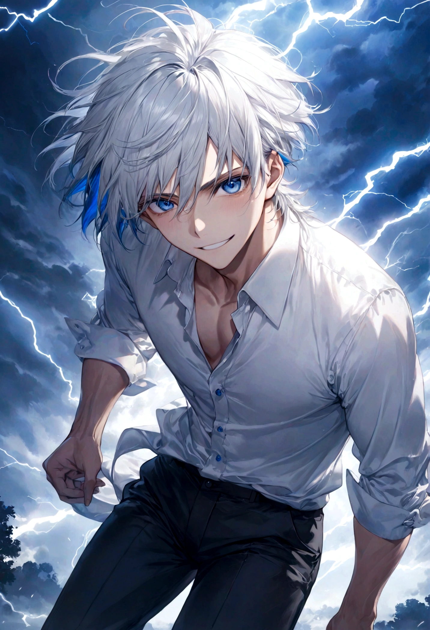 ((top-quality)), ((masterpiece)), ((ultra-detailliert)), (extremely delicate and beautiful), handsome man, lightning blue-white hair, bright blue eyes, thunderstorm background, lightning flashes in the background, crisp white shirt, dark pants, mischievous smile