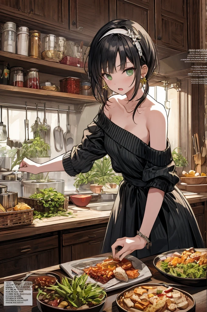 (small breasts:1.3), (perky chest:1.1), (pointed chest:1.0), (fashion magazine cover:1.3),(from below:1.0),(from side:0.9),masterpiece, 1girl, Amazing Cleavage:1.1, thin waist, big ass, Raised sexy, small breast: 1.3, posed cleavage:1.2、solo, looking at viewer, open mouth, have a cute grass of cute beergrass,black hair, dark green eyes, dress, bare shoulders, jewelry, collarbone, sidelocks, hairband, earrings, indoors, off shoulder, :o, sweater, arms behind back, plant, short hair with long locks, gild hairband, off-shoulder dress, sweater dress, off-shoulder sweater, red sweater, dark gord hair, big side hair, very long side hair,is rendered in (masterpiece: 1.2, best quality), with (ultra high resolution) and an exquisite (depth of field). This masterpiece is not only visually stunning but also tells,A scene of cooking in the kitchen by classroom