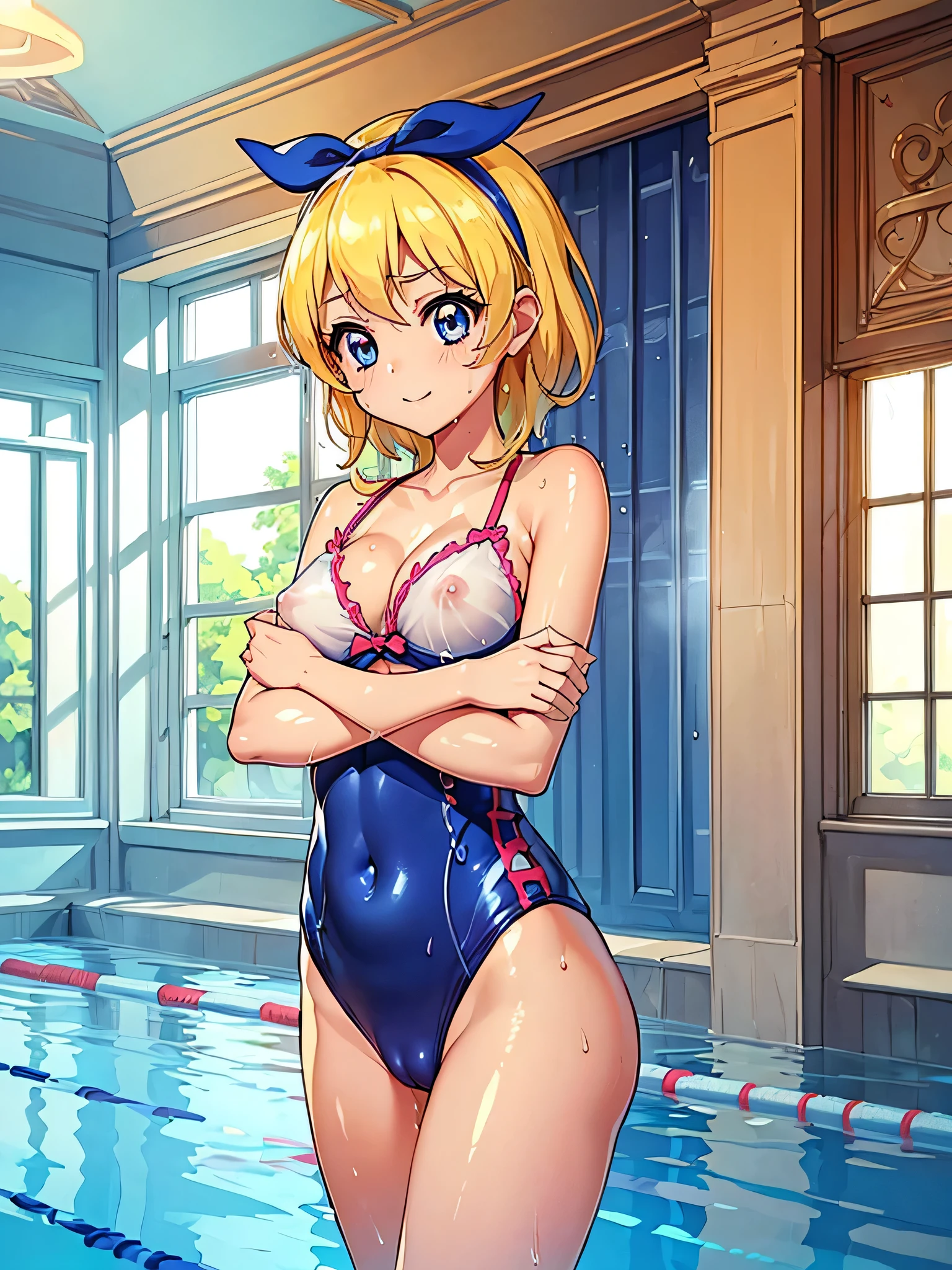 aikatsu,masterpiece, best quality, ((beautiful detailed eyes):1.3), ars old, blue eyes, Blonde hair,Straight hair, leg hair ribbon, RED headband,large_boob, ((tight brilliant shiny competition swimsuit:1.2, plunking neckline, plunking navel, cleavage)), ((extremely delicate and beautiful fabric):1.3), looking at viewer, ((gravure pose, crossed arms, under breasts)), seductive_orgasm smile, blush, slender, slim, (indoor pool, pool lane, swimming pool, competition pool, pool starting block, swimming building, water, water surface, daytime, window, sunlight, (in the pool):1.2), very clear, ((masterpiece, best quality, ultra-detailed):1.5), ((an extremely delicate and beautiful)), ((((illustration)))), (realistic:0.6), (extremely detailed skin), ((ultra-detailed:1.35)), (detailed_pussy:1.2), (detailed_nipples:1.2), detailed fingers, absurdres, intricate, (1girl), ((solo)), ((glistening skin)), (((oily skin))), ((wet skin)),