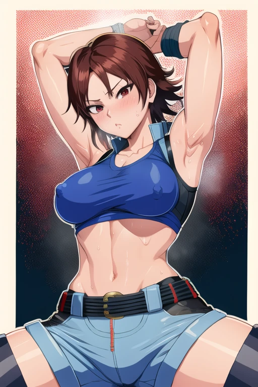 asuka kazama,1girl,solo,black pants,blue shirt,sleeveless,medium breasts,heavy blush,(red eyes:1.2),((arms up)), sweat, sweaty, no bra, nipple hard