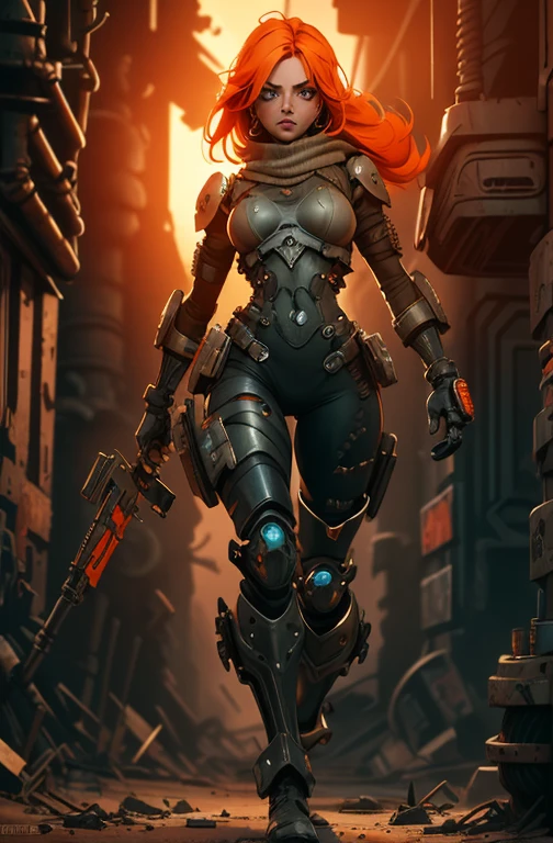 A highly detailed and realistic skull girl,( Anya. Taylor Joy) cyberpunk character, mad max furiosa, one hand robot, cyborg arm, orange hair, dramatic metal heavy rock theme, best quality, 8k, hyperrealistic, photorealistic, extreme detailed painting, studio lighting, vivid colors, dark moody atmosphere, cinematic, dramatic pose, intricate mechanical details, glowing energy effects, intense gritty textures, seamless integration of organic and inorganic elements. Wearing the used clothes of a wastelander. Background: An apocalyptic wasteland. Dusty and depressing., sexy pose, walking