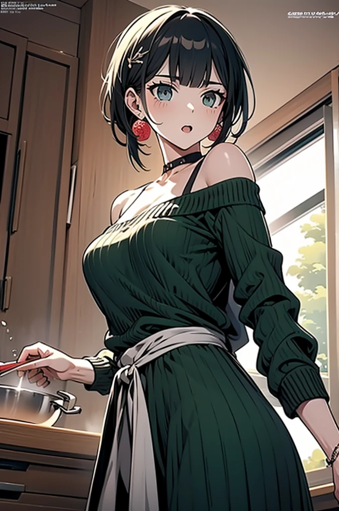(small breasts:1.2), (perky chest:1.1), (pointed chest:1.0), (cooking magazine cover:1.3),(from above:1.2),(from side:0.9),masterpiece, 1girl, Amazing Cleavage:1.1, thin waist, big ass, Raised sexy, small breast: 1.2, posed cleavage:1.2、solo, open mouth, have a cute grass of cute beergrass,black hair, dark green eyes, dress, bare shoulders, jewelry, collarbone, sidelocks, hairband, earrings, indoors, off shoulder, sweater, arms behind back, plant, short hair with long locks, gild hairband, sweater dress:1.2, off-shoulder sweater, red sweater, dark gord hair, big side hair, very long side hair,is rendered in (masterpiece: 1.2, best quality), with (ultra high resolution) and an exquisite (depth of field). This masterpiece is not only visually stunning but also tells,A scene of cooking in the kitchen by classroom ,looking at viewer,
