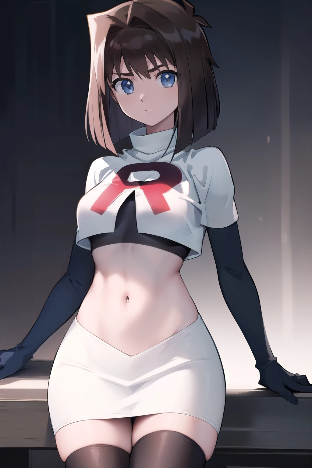 aamazaki, (antenna hair:1.2), blue eyes,medium breasts, team rocket,team rocket uniform,white skirt,red letter R,crop top,black thigh-highs,black elbow gloves,
beautiful, masterpiece, best quality, looking at viewer,