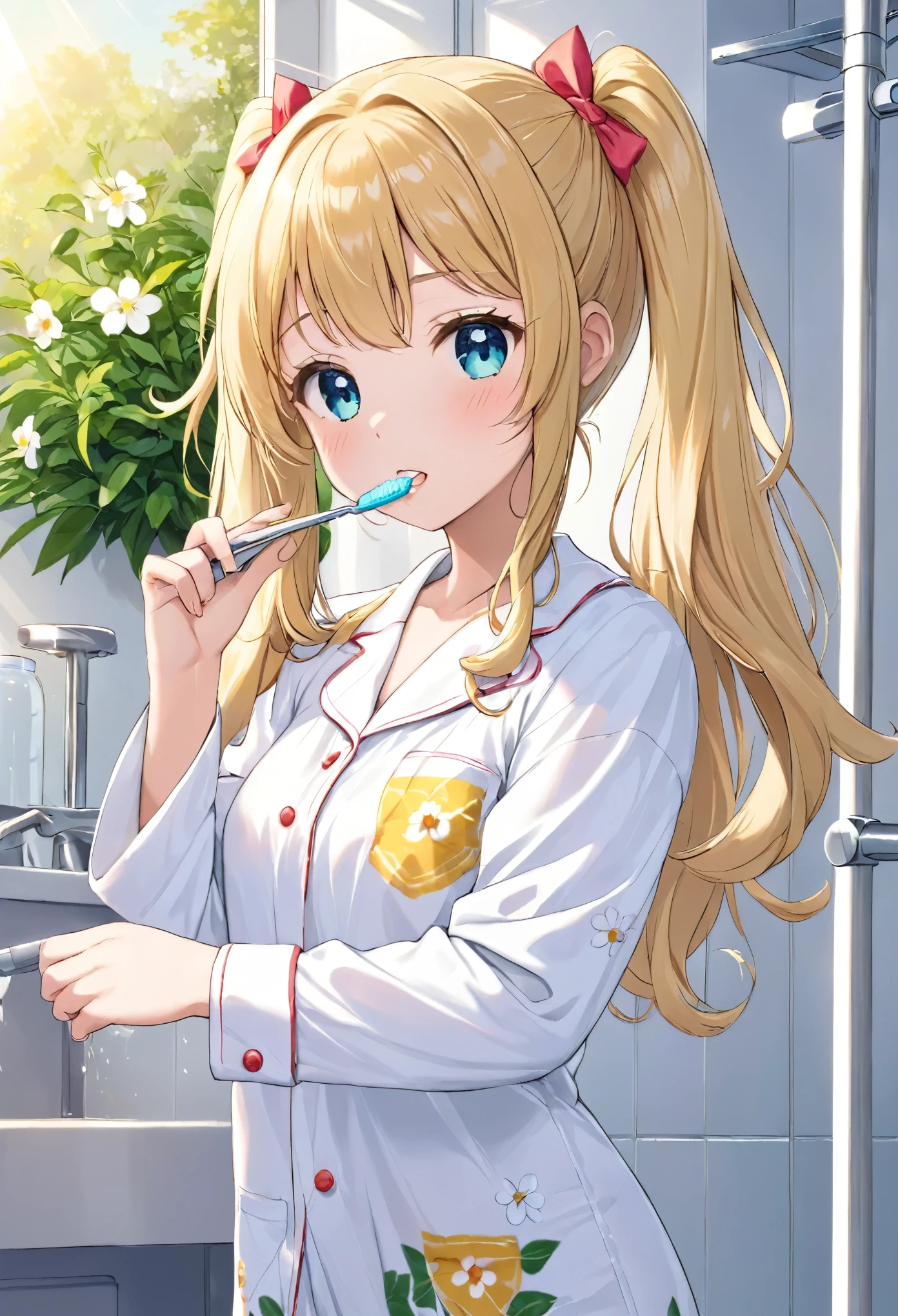 do my best to brush my teeth ライトブルーのロングヘア Twin tails Just woke up Bright room with sunlight、White pajamas、There are lots of flowers around