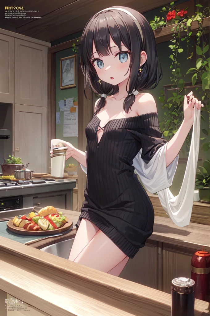 (small breasts:1.3), (perky chest:1.1), (pointed chest:1.0), (fashion magazine cover:1.3),(from below:1.0),(from side:0.9),masterpiece, 1girl, Amazing Cleavage:1.1, thin waist, big ass, Raised sexy, small breast: 1.3, posed cleavage:1.2、solo, looking at viewer, open mouth, have a cute grass of cute beergrass,black hair, dark green eyes, dress, bare shoulders, jewelry, collarbone, sidelocks, hairband, earrings, indoors, off shoulder, :o, sweater, arms behind back, plant, short hair with long locks, gild hairband, off-shoulder dress, sweater dress, off-shoulder sweater, red sweater, dark gord hair, big side hair, very long side hair,is rendered in (masterpiece: 1.2, best quality), with (ultra high resolution) and an exquisite (depth of field). This masterpiece is not only visually stunning but also tells,A scene of cooking in the kitchen by classroom
