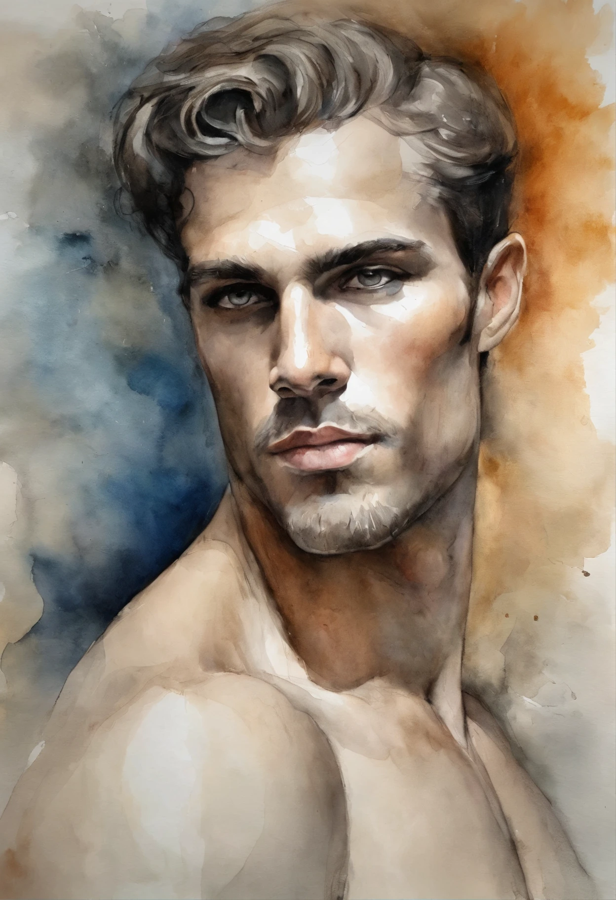 ((a watercolor)), male focus, by Philipp Otto Runge, a moody, sad, very sexy man, barbarian, uncut, very erect penis.