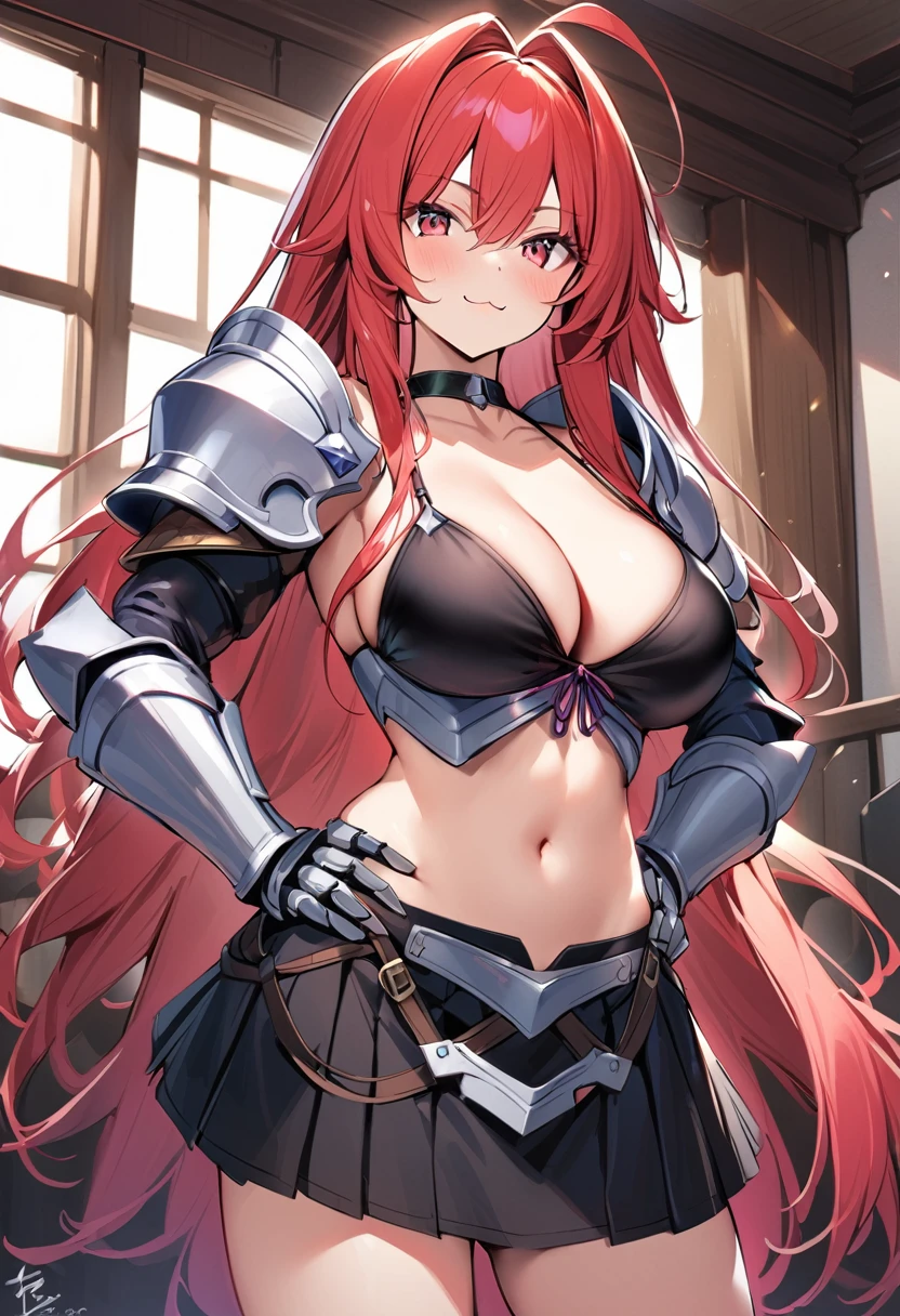 (masutepiece, Best Quality), 1girl, breasts, long-hair, solo, red-hair, armor, red-eyes, shoulder-armor, navel, large-breasts, very-long-hair, pauldrons, looking-at-viewer, hair-between-eyes, bikini, cleavage, swimsuit, ahoge, indoors, :3, gauntlets, closed-mouth, bikini-top-only, smile, bangs, collarbone, hair-intakes, bikini-armor, standing, black-bikini, hands-on-hips, stomach, cowboy-shot, choker, signature, hand-on-hip, ((skirt))
