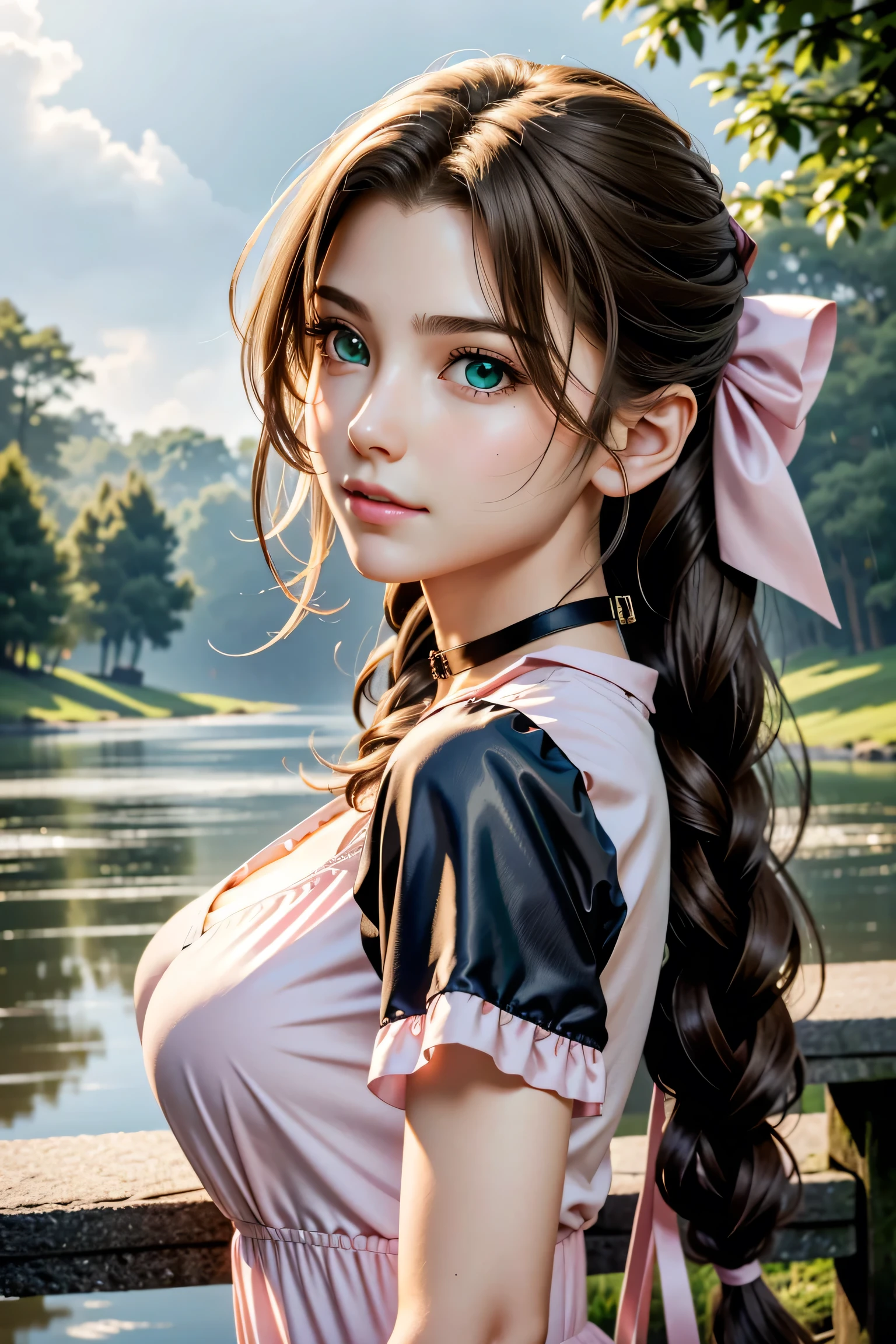 (masterpiece, 最high quality)
Aeris FF7, 1 Girl, alone, Long Hair, bangs, Brown Hair, dress, bow, ribbon, jewelry, Closed Mouth, Green Eyes, Red jacket, hair pink ribbon, Upper Body, Braid, hair bow, Side Lock, choker, necklace, lips, parted bangs, pink bow, Portraiture, Pink dress, Photorealistic,Ultra HD,high quality,masterpiece,Digital SLR,Detailed details,Intricate details,Anatomical basis,Depicted in detail,A detailed face,Realistic skin texture,Vivid details,Perfect Anatomy,Perfect Anatomy,Anatomically correct hand,Anatomically correct fingers,Super Detail,Complex 3D rendering,Huge boobs,Sexy pose,Beautiful morning glory(flower),Rainy Sky,Beautiful scenery,Fantastic rainy sky,Picturesque,Pink Lips,smile,Fantastic butterflies々,