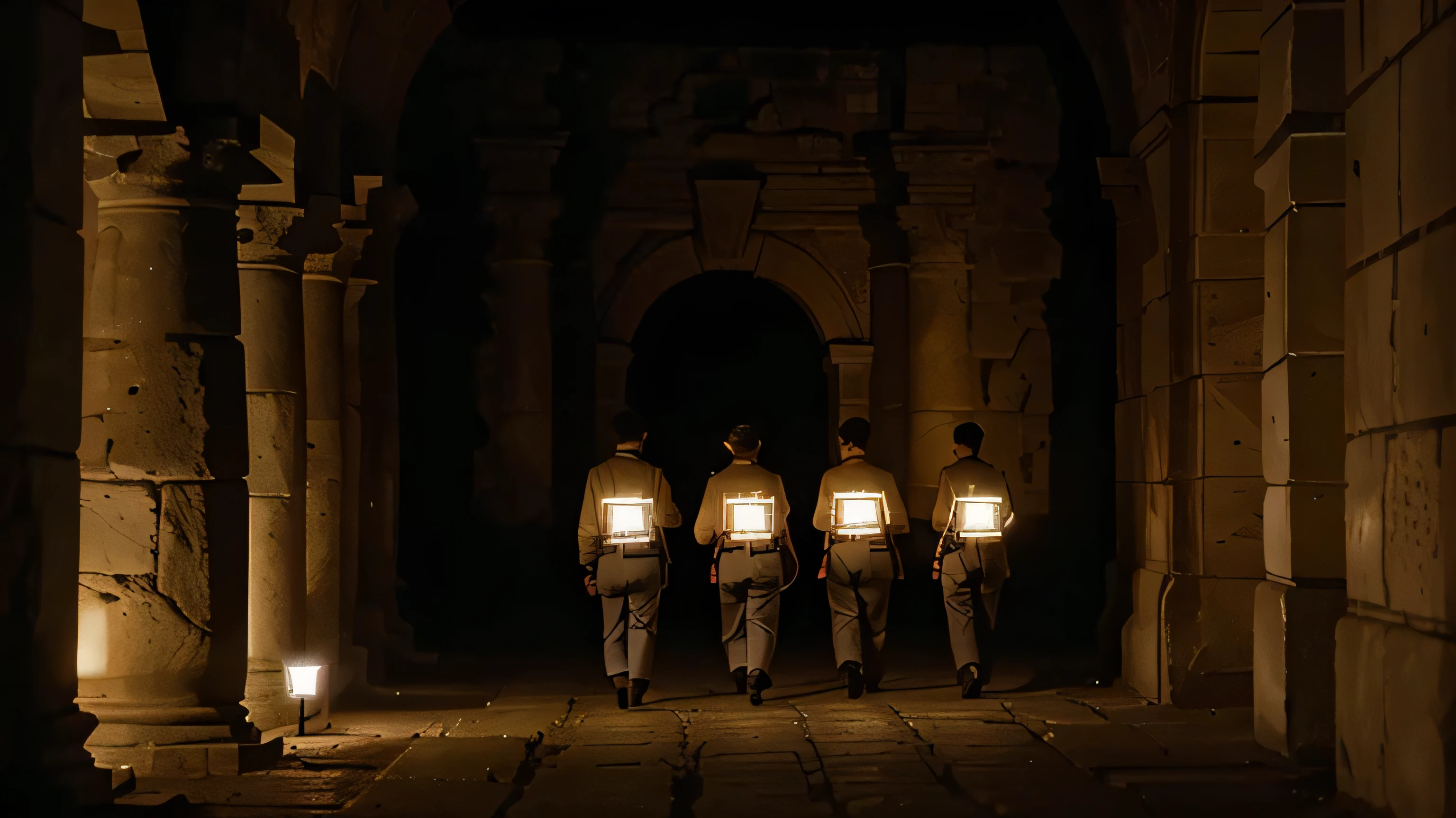 image shows the team slowly walking behind David, examining the walls and ancient statues. They use torches and electric lamps to illuminate the way, pausing from time to time to study the ancient inscriptions