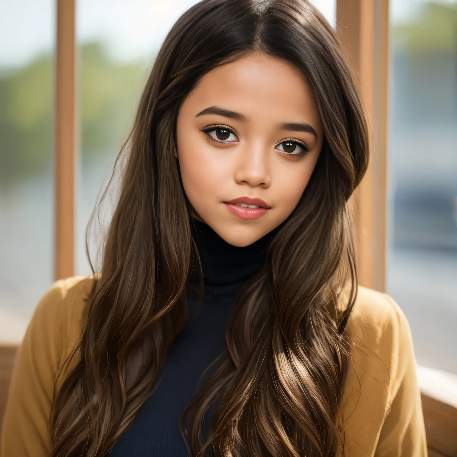 Photo portrait of Jenna Ortega, Ein atemberaubendes, detailed color portrait of (sks frau:1), wears a black turtleneck, epische Charakterkomposition, Von Ilya Kuvshinov, alessio albi, Nina Masic, scharfer Fokus, natural lighting, Untergrundstreuung, f2, 35mm, Filmkorn, 