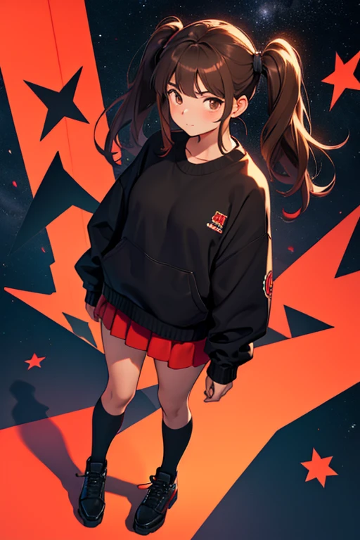 Mujer joven, brown hair in two pigtails, vincha roja, black sweater with stars, zapatos negros 