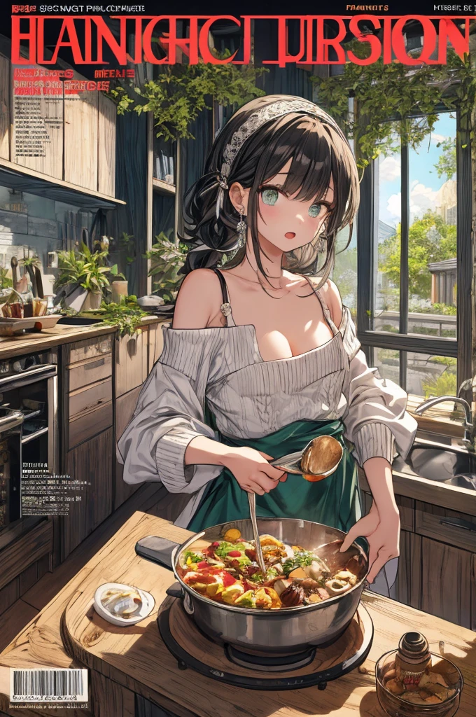 (small breasts:1.3), (perky chest:1.1), (pointed chest:1.0), (fashion magazine cover:1.3),(from below:1.0),(from side:0.9),masterpiece, 1girl, Amazing Cleavage:1.1, thin waist, big ass, Raised sexy, small breast: 1.3, posed cleavage:1.2、solo, looking at viewer, open mouth, have a cute grass of cute beergrass,black hair, dark green eyes, dress, bare shoulders, jewelry, collarbone, sidelocks, hairband, earrings, indoors, off shoulder, :o, sweater, arms behind back, plant, short hair with long locks, gild hairband, off-shoulder dress, sweater dress, off-shoulder sweater, red sweater, dark gord hair, big side hair, very long side hair,is rendered in (masterpiece: 1.2, best quality), with (ultra high resolution) and an exquisite (depth of field). This masterpiece is not only visually stunning but also tells,A scene of cooking in the kitchen by classroom