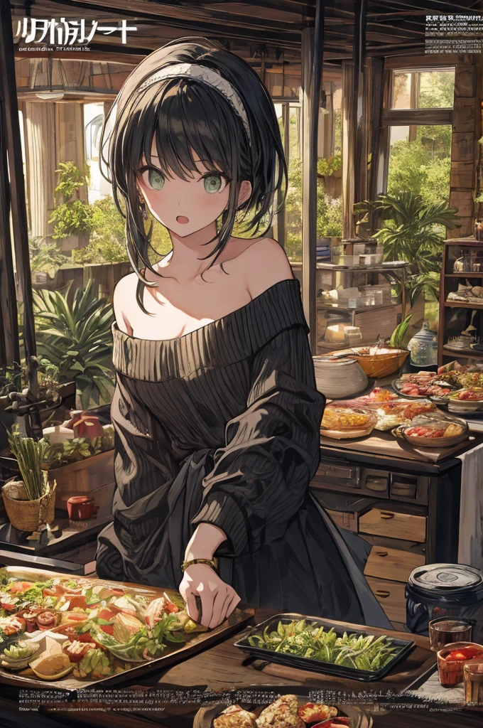 (small breasts:1.3), (perky chest:1.1), (pointed chest:1.0), (fashion magazine cover:1.3),(from below:1.0),(from side:0.9),masterpiece, 1girl, Amazing Cleavage:1.1, thin waist, big ass, Raised sexy, small breast: 1.3, posed cleavage:1.2、solo, looking at viewer, open mouth, have a cute grass of cute beergrass,black hair, dark green eyes, dress, bare shoulders, jewelry, collarbone, sidelocks, hairband, earrings, indoors, off shoulder, :o, sweater, arms behind back, plant, short hair with long locks, gild hairband, off-shoulder dress, sweater dress, off-shoulder sweater, red sweater, dark gord hair, big side hair, very long side hair,is rendered in (masterpiece: 1.2, best quality), with (ultra high resolution) and an exquisite (depth of field). This masterpiece is not only visually stunning but also tells,A scene of cooking in the kitchen by classroom