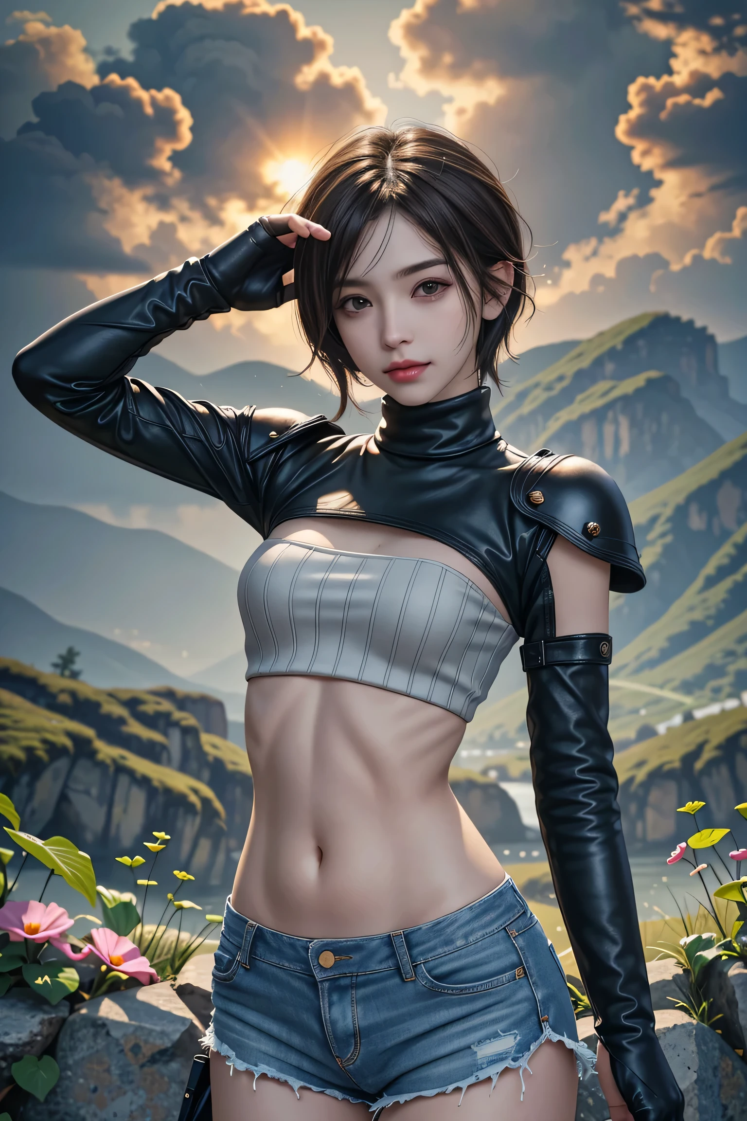 (masterpiece, 最high quality)
Yuffie Kisaragi,FF7, short hair,head band,belly button,No sleeve,turtleneck,Brown eyes,No sleeve turtleneck,smile,gloves,Crop top,Brown Hair,shorts,abdomen,armor,sweater,Open Fly,fingerless gloves,ribbed sweater,Photorealistic,Ultra HD,high quality,masterpiece,Digital SLR,Detailed details,Intricate details,Anatomical basis,Depicted in detail,A detailed face,Realistic skin texture,Vivid details,Perfect Anatomy,Perfect Anatomy,Anatomically correct hand,Anatomically correct fingers,Super Detail,Complex 3D rendering,Sexy pose,Beautiful morning glory(flower),Rainy Sky,Beautiful scenery,Fantastic rainy sky,Picturesque,Pink Lips,smile,Fantastic butterflies々,