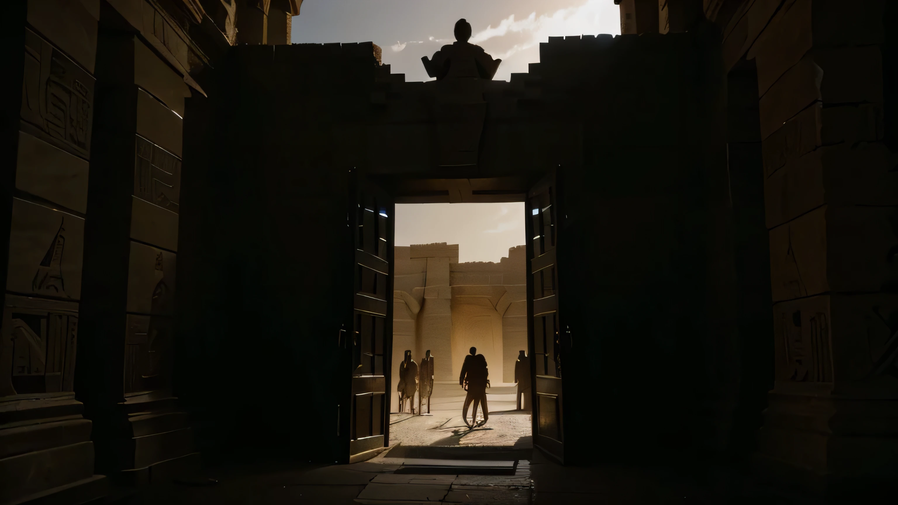 image shows the team reaching the entrance of the pharaonic tomb, a massive stone gate looming before them. The entrance appears dark and eerie, with shadows looming inside