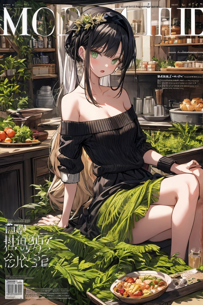 (small breasts:1.3), (perky chest:1.1), (pointed chest:1.0), (fashion magazine cover:1.3)，(from below:1.0),(from side:0.9),masterpiece, 1girl, Amazing Cleavage:1.1, thin waist, big ass, Raised sexy, small breast: 1.3, posed cleavage:1.2、solo, looking at viewer, open mouth, have a cute grass of cute beergrass,black hair, dark green eyes, dress, bare shoulders, jewelry, collarbone, sidelocks, hairband, earrings, indoors, off shoulder, :o, sweater, arms behind back, plant, short hair with long locks, gild hairband, off-shoulder dress, sweater dress, off-shoulder sweater, red sweater, dark gord hair, big side hair, very long side hair,is rendered in (masterpiece: 1.2, best quality), with (ultra high resolution) and an exquisite (depth of field). This masterpiece is not only visually stunning but also tells,A scene of cooking in the kitchen by classroom
