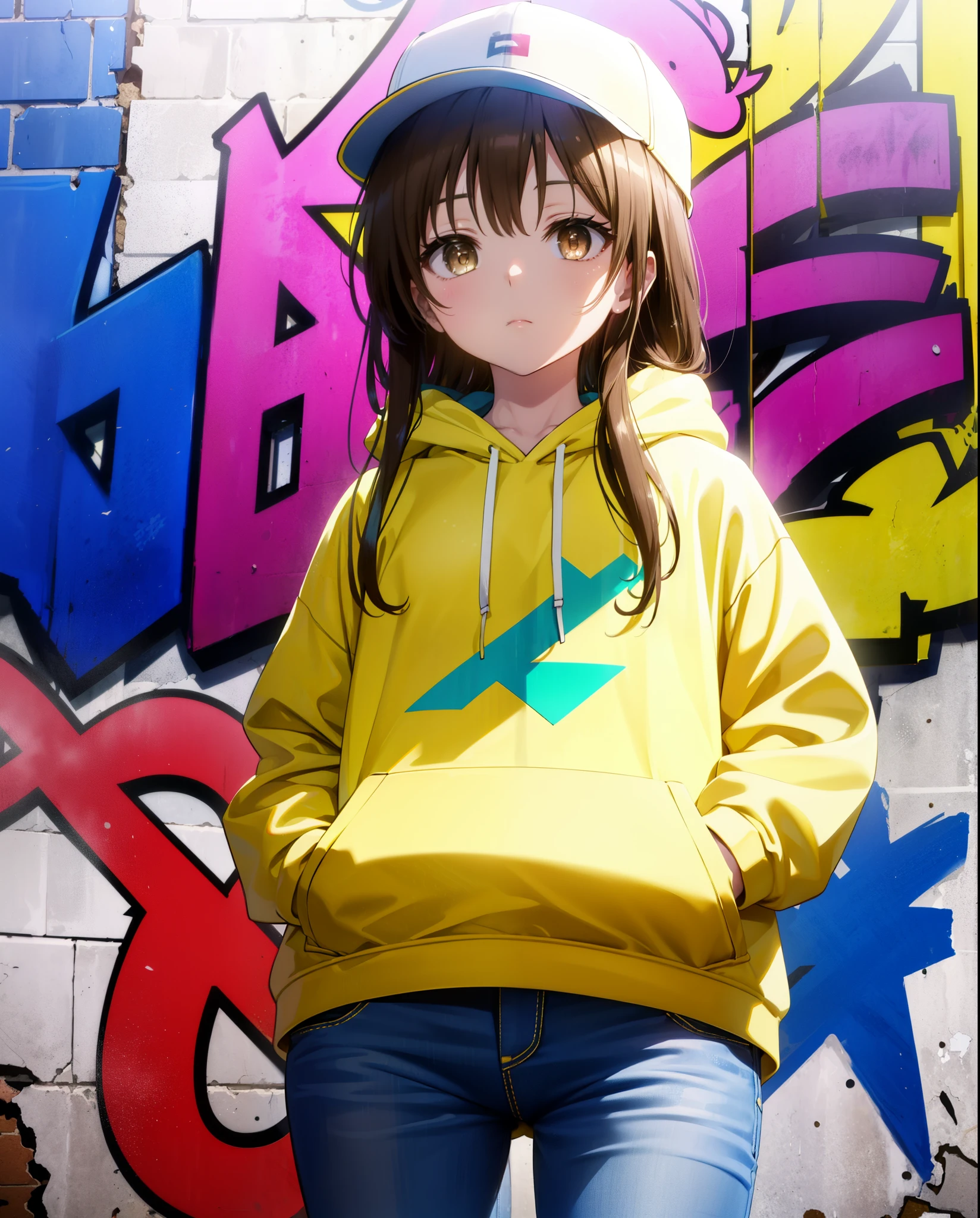 yuikotegawa, Yui Kotegawa, Black Hair, (Brown eyes:1.5), Long Hair,Baseball hats,Oversized hoodie,Oversized jeans,High-top sneakers,Both hands are in the pockets of the hoodie,Graffiti wall,whole bodyがイラストに入るように,Walking,Looking up from below,
break outdoors, In town,Alley,
break looking at viewer, whole body,(Cowboy Shot:1. 5)
break (masterpiece:1.2), highest quality, High resolution, unity 8k wallpaper, (figure:0.8), (Beautiful fine details:1.6), Highly detailed face, Perfect lighting, Highly detailed CG, (Perfect hands, Perfect Anatomy),