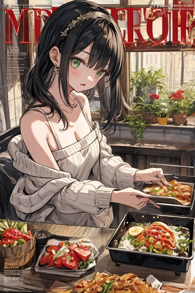 (small breasts:1.3), (perky chest:1.1), (pointed chest:1.0), (fashion magazine cover:1.3),(from below:1.0),(from side:0.9),masterpiece, 1girl, Amazing Cleavage:1.1, thin waist, big ass, Raised sexy, small breast: 1.3, posed cleavage:1.2、solo, looking at viewer, open mouth, have a cute grass of cute beergrass,black hair, dark green eyes, dress, bare shoulders, jewelry, collarbone, sidelocks, hairband, earrings, indoors, off shoulder, :o, sweater, arms behind back, plant, short hair with long locks, gild hairband, off-shoulder dress, sweater dress, off-shoulder sweater, red sweater, dark gord hair, big side hair, very long side hair,is rendered in (masterpiece: 1.2, best quality), with (ultra high resolution) and an exquisite (depth of field). This masterpiece is not only visually stunning but also tells,A scene of cooking in the kitchen by classroom