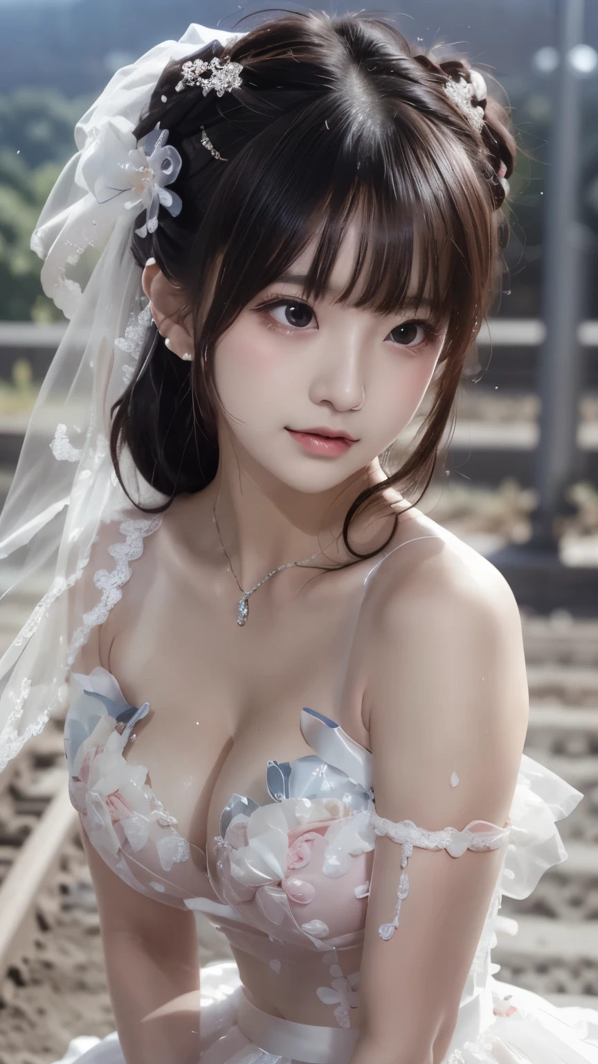 (((Pixel Perfect, Perfect details))), Solitary, 1 girl,bride, chunmomo, Keep your mouth shut,pink glossy lips,穿著bride禮服的特写,Gulwitz, (((bride頭紗))),(Transparent short veil),blush,Eyeshadow,Blushing face,Head flower,headgear,((Bouquet)),((((tube top wedding dress)))),(((Strapless Wedding Dress))),(Bare shoulders),Pure white dress,(((necklace))),((earrings)),(large :1.3),Bangs,Lipstick,((White long elbow gloves)),Half-length photo,High Detail RAW Color Art,White long skirt,There is a railway track next to it,(standing on the railroad tracks:1.3),18 years old, (Long twin tails:1.5),(Double bun:1.5), Black Hair,night,Rainy Day