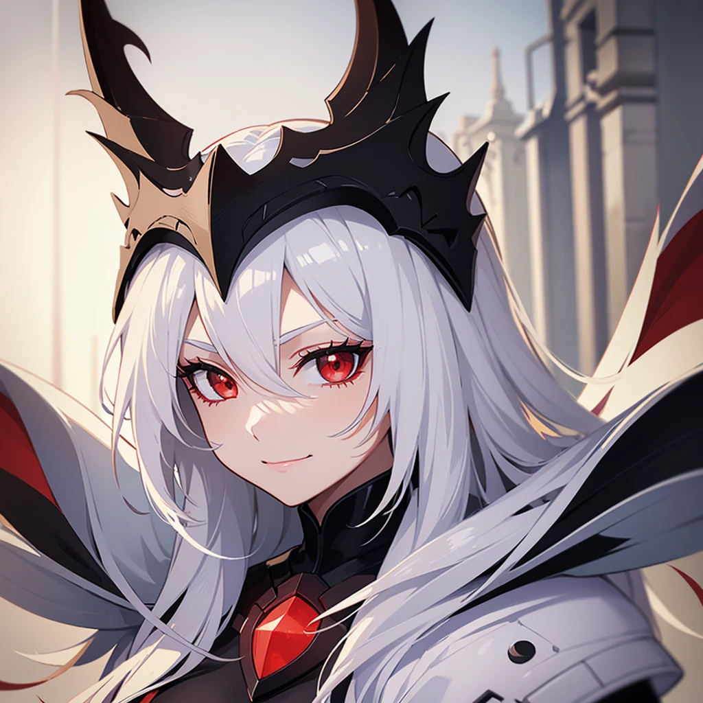((melhor qualidade)), ((Obra de arte)), (detalhado), Art of a female character with white hair, red eyes and using a black armor with a smirk