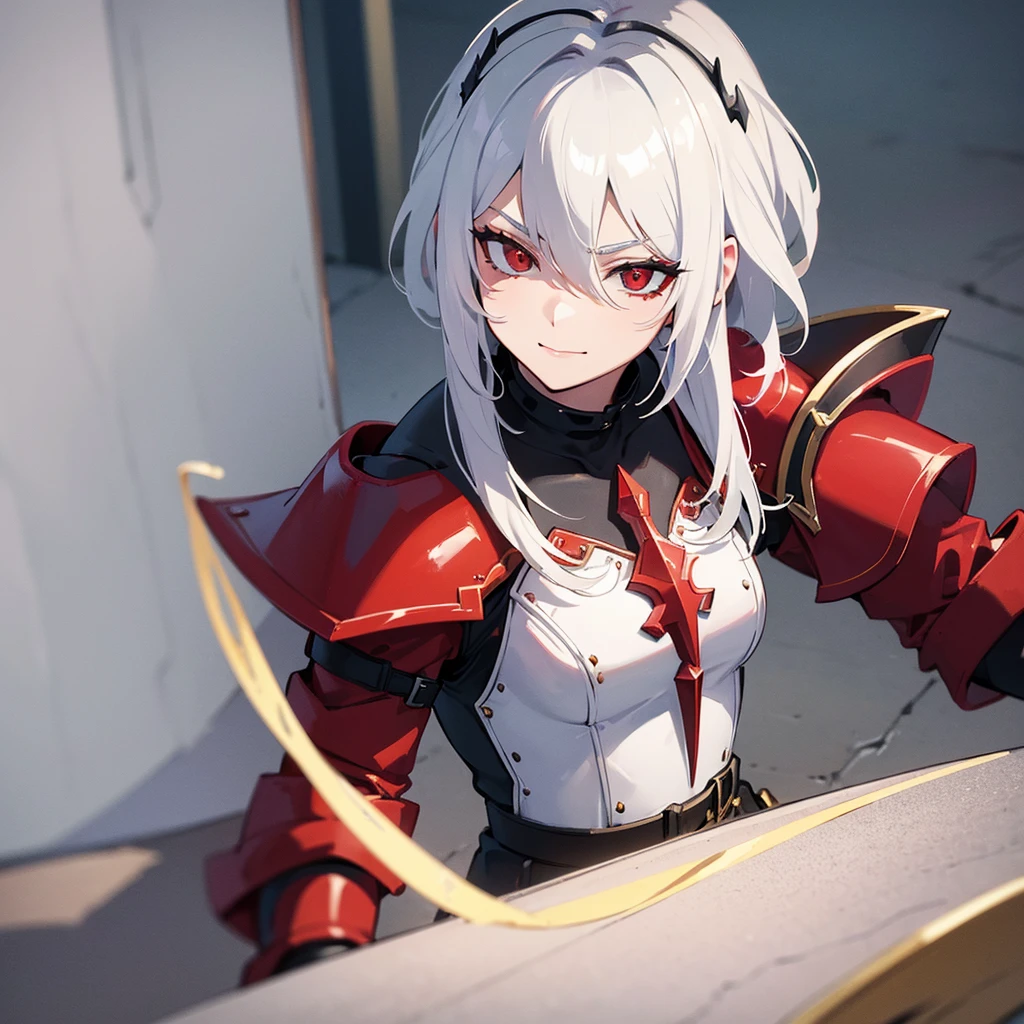 ((melhor qualidade)), ((Obra de arte)), (detalhado), Art of a female character with white hair, red eyes and using a black armor with a smirk