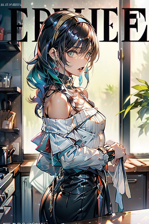 (small breasts:1.2), (perky chest:1.1), (pointed chest:1.0), (hand gun magazine cover:1.3)，(from above:1.2),(from side:0.9),masterpiece, 1girl, Amazing Cleavage:1.1, thin waist, big ass, Raised sexy, small breast: 1.2, posed cleavage:1.2、solo, open mouth, have a cute grass of cute beergrass,black hair, dark green eyes, dress, bare shoulders, jewelry, collarbone, sidelocks, hairband, earrings, indoors, off shoulder, sweater, arms behind back, plant, short hair with long locks, gild hairband, sweater dress:1.2, off-shoulder sweater, red sweater, dark gord hair, big side hair, very long side hair,is rendered in (masterpiece: 1.2, best quality), with (ultra high resolution) and an exquisite (depth of field). This masterpiece is not only visually stunning but also tells,A scene of cooking in the kitchen by classroom ,looking at viewer, 