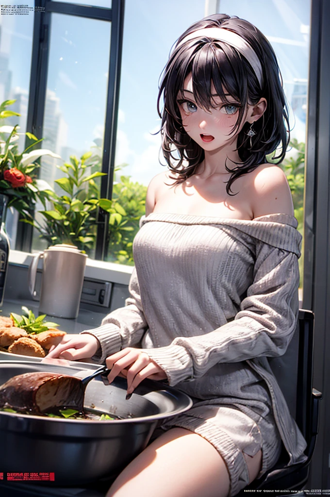 (small breasts:1.3), (perky chest:1.1), (pointed chest:1.0), (fashion magazine cover:1.3)，(from below:1.0),(from side:0.9),masterpiece, 1girl, Amazing Cleavage:1.1, thin waist, big ass, Raised sexy, small breast: 1.3, posed cleavage:1.2、solo, looking at viewer, open mouth, have a cute grass of cute beergrass,black hair, dark green eyes, dress, bare shoulders, jewelry, collarbone, sidelocks, hairband, earrings, indoors, off shoulder, :o, sweater, arms behind back, plant, short hair with long locks, gild hairband, off-shoulder dress, sweater dress, off-shoulder sweater, red sweater, dark gord hair, big side hair, very long side hair,is rendered in (masterpiece: 1.2, best quality), with (ultra high resolution) and an exquisite (depth of field). This masterpiece is not only visually stunning but also tells,A scene of cooking in the kitchen by classroom
